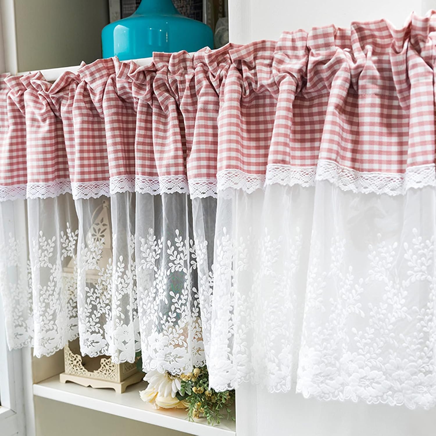 Checkered Gingham Voile Short Curtain Kitchen Tier Curtain Valance,Country Style Cáfe Curtain Vintage Bistro Curtain,Disc Curtain Short Blinds Curtains Semi-transparent for Kitchen Bedroom Bathroom