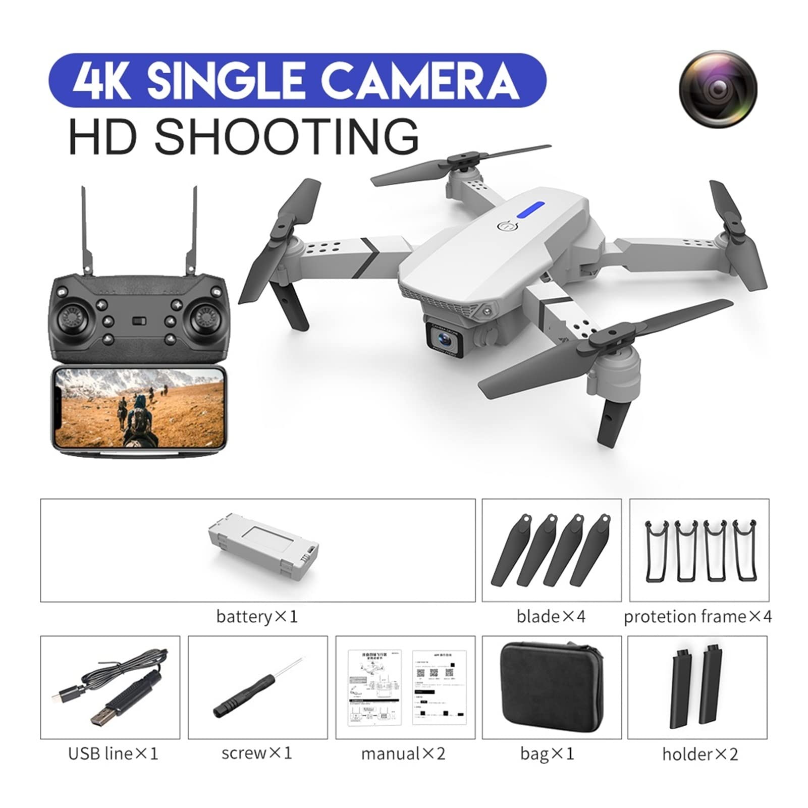 Drone Mini Drone 4K HD Szerokokątny podwójny uchwyt na wysokość kamery WiFi FPV Dron RC Składany quadkopter helikopter Zabawki na prezent (Kolor: torba 4K 3B Rozmiar: 1) (Biała torba 4K 1)