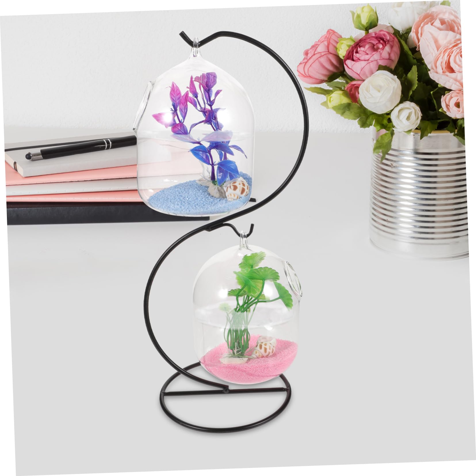BESTOYARD 1 ensemble d'aquarium en verre à suspendre avec support - Petit aquarium de bureau - Accessoires de poisson - Réservoir délicat Betta - Aquarium de bureau - Mini aquarium en fer