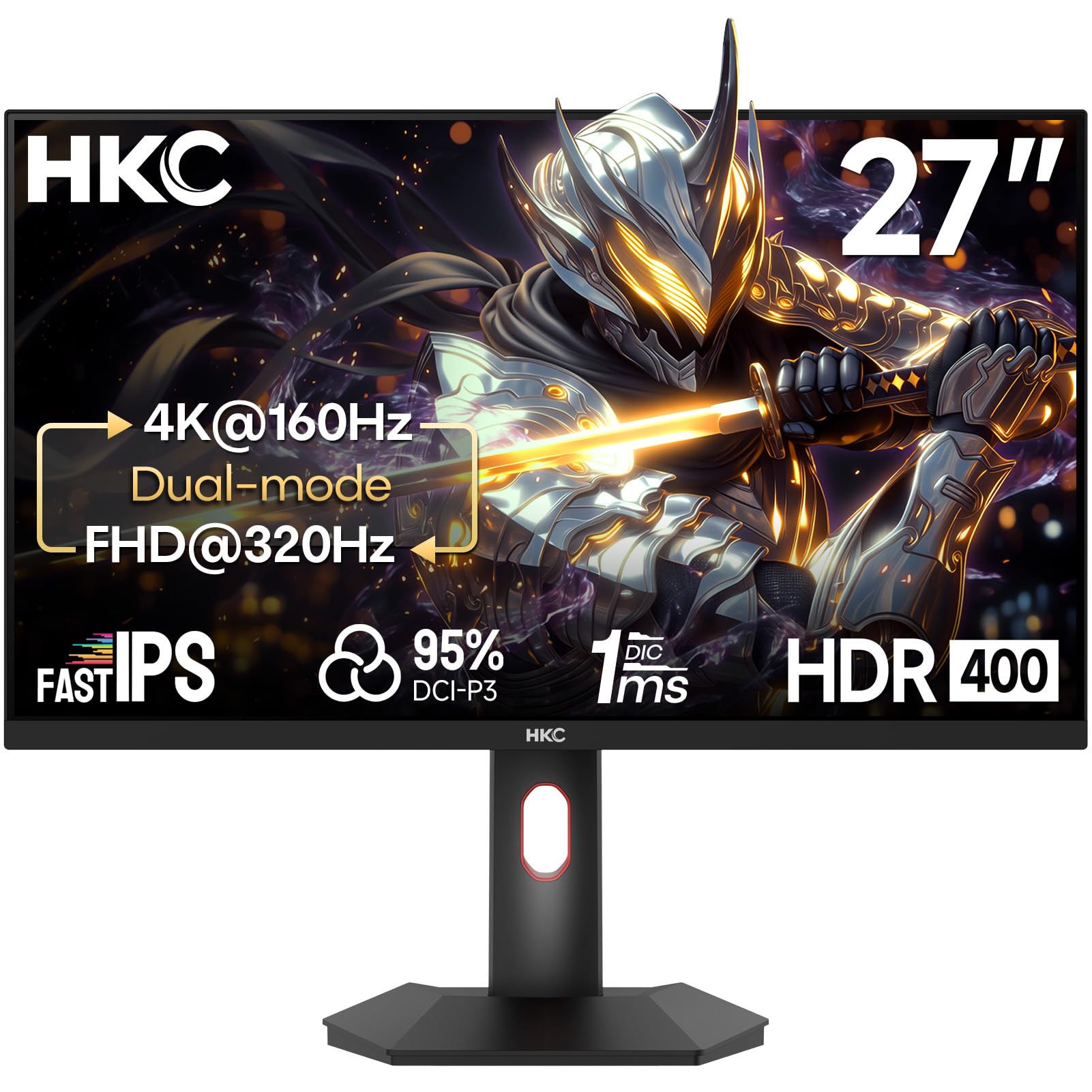HKC 27 inch Gaming Monitor, UHD 160Hz / FHD 320Hz Dual Mode, 1ms, Fast IPS, HDR 400, 95% DCI-P3, AMD FreeSync Premium, 2x HDMI 2.1, Height Adjustable Stand G27H7P
