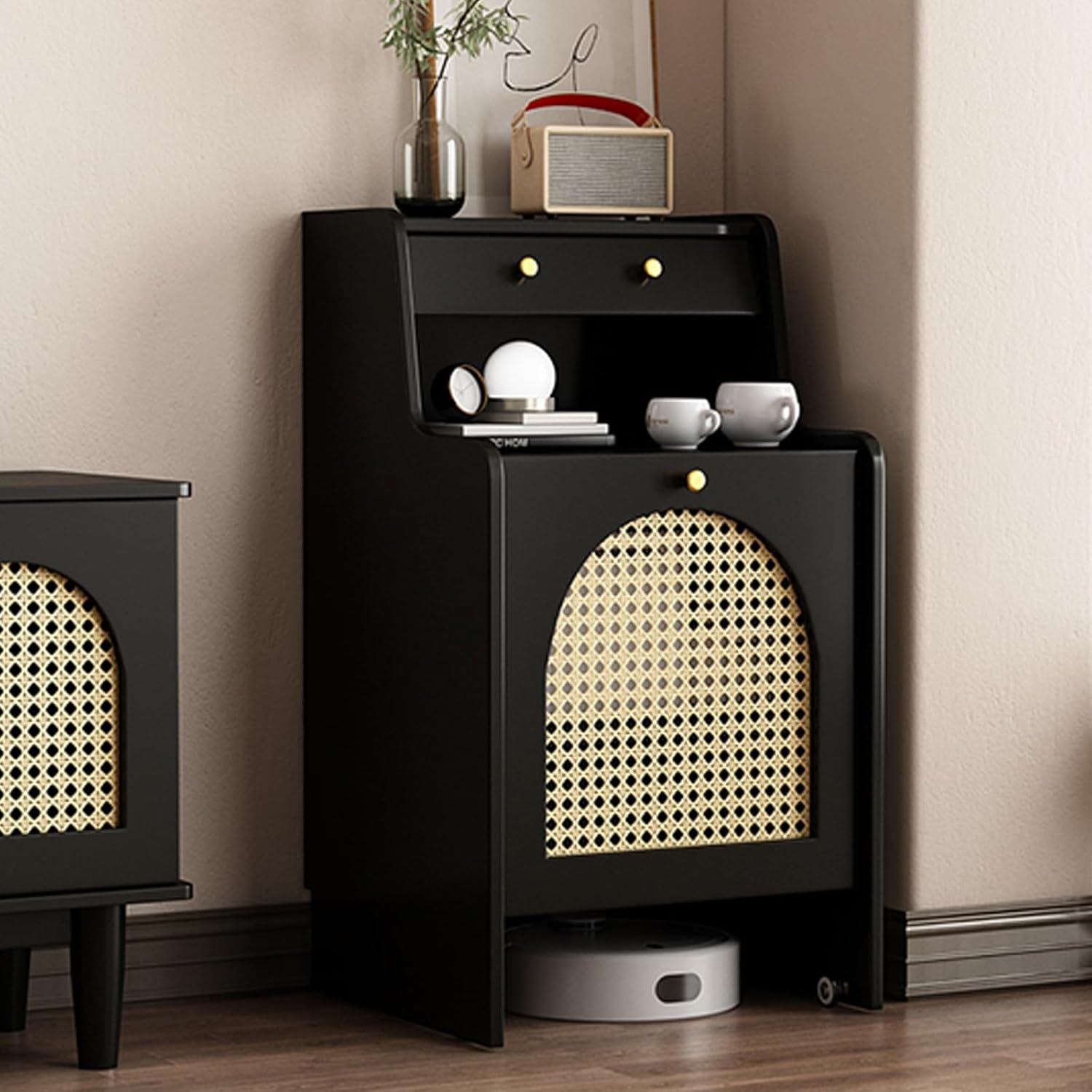 HARELA Robot Vacuum Stand Cabinet, Sweeping Robot Storage Rack with Doors and Drawer, Multi Tier End Table for Living Room Dining Room Kitchen Home Office(Black,19.7x17.7x35.4in)