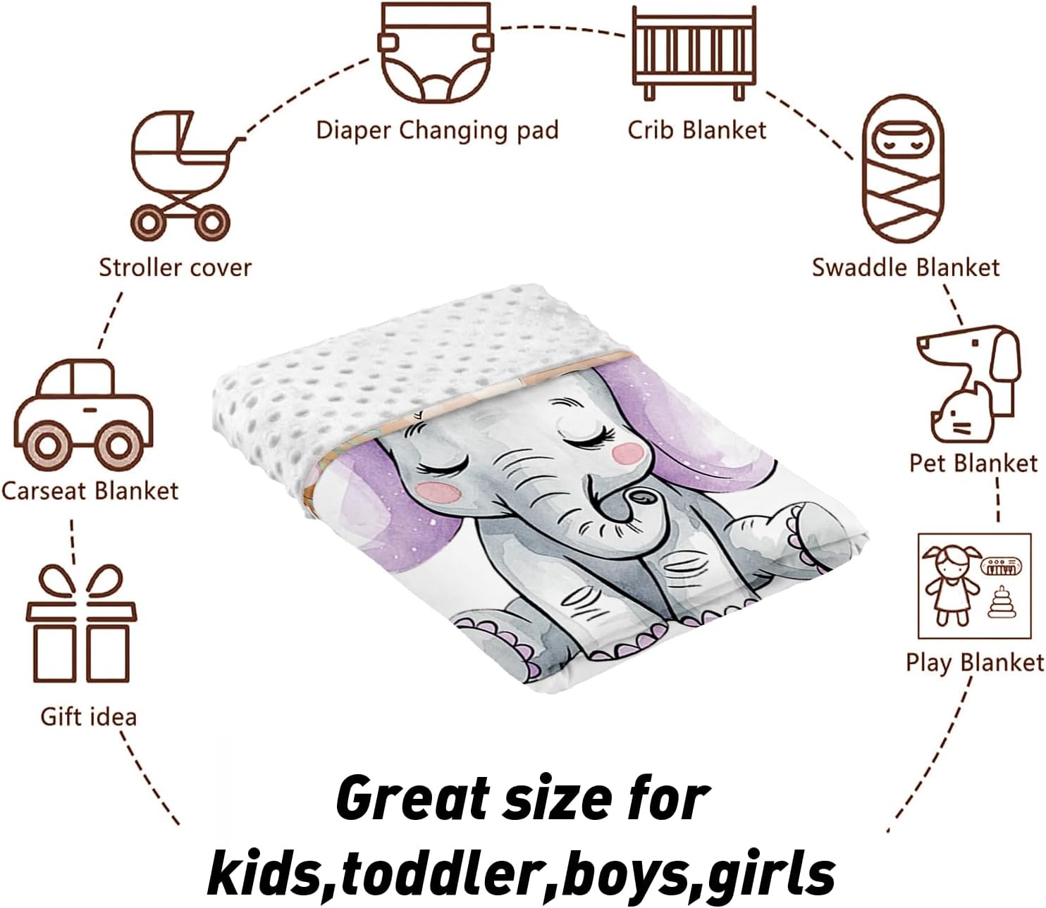 Custom Name Crib Bedding Set 3-Piece – Light Purple Elephant Design Baby Bedding Set with Personalized Soft Blanket, Fitted Sheet, Changing Pad Cover – Ideal Newborn Gift for Boys and Girls