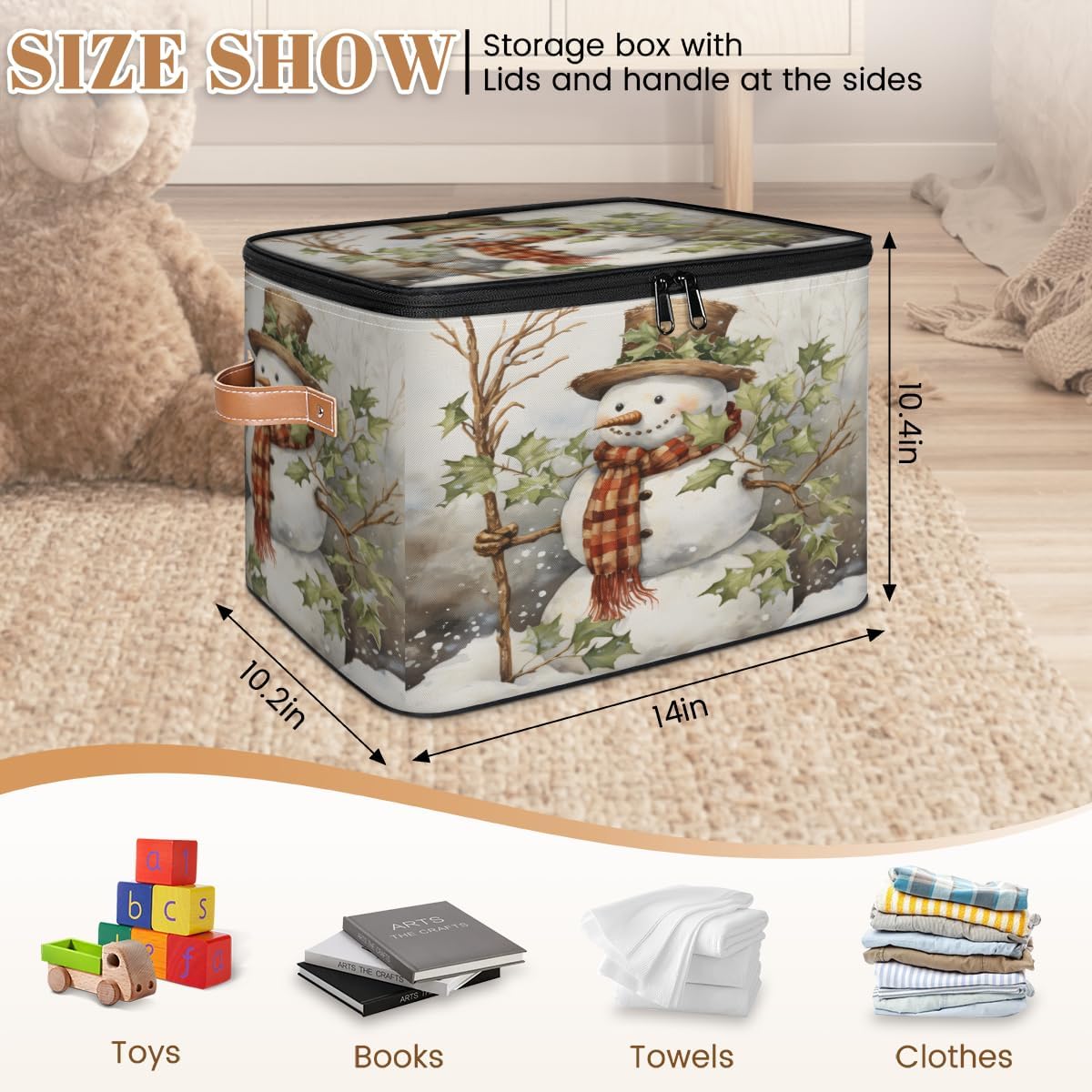 Storage Bin Set of 2 Funny Snowman Storage Basket with Zipper Lid & Handle Foldable Closet Shelf 2 Pack Cloth Organizer Basket Cube Bins Clothes Organizer for Bedroom, Nursery