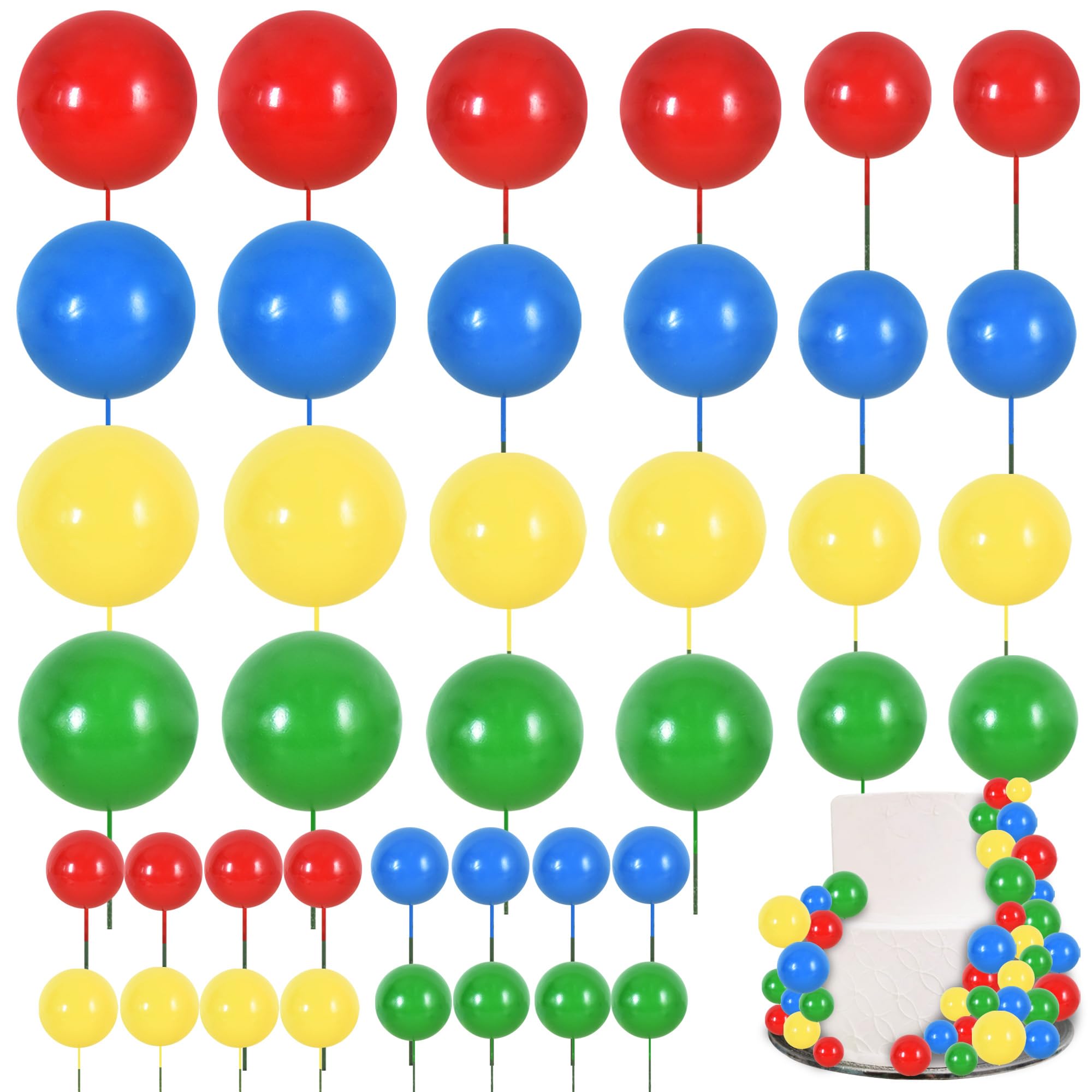 Photo 1 of BEISHIDA 40 Pcs Mini Balls Cake Toppers - Foam Balls DIY Cake Topper Inserts for Birthday Wedding Baby Shower Anniversary Cake Decorations (Red Blue Yellow Green)