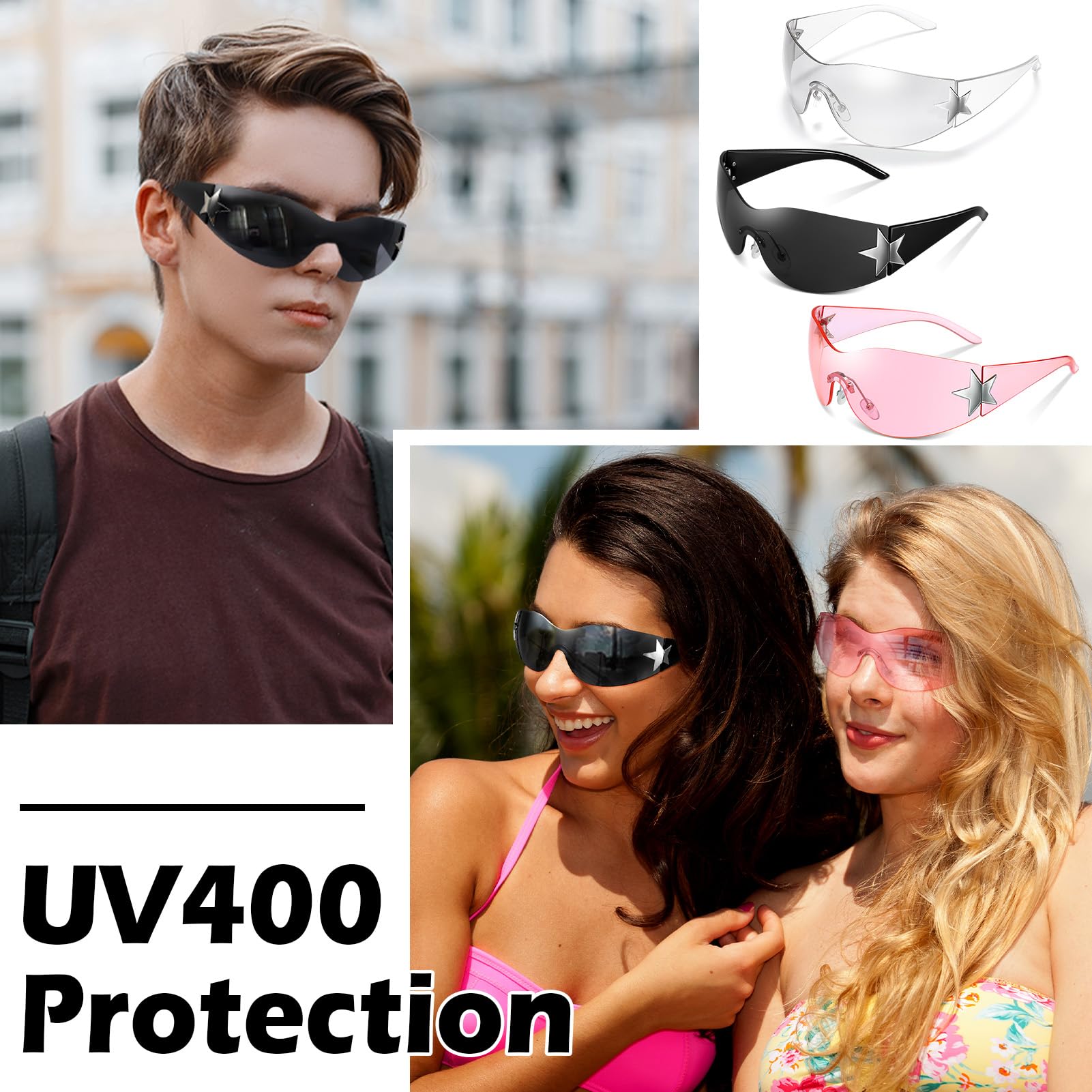 Ovveroche 3 Pairs Y2K Sunglasses for Women Men Trendy Shield Wrap Around Sun Glasses Oversized Fashion Frameless Glasses: Black, Pink, Transparent Sliver