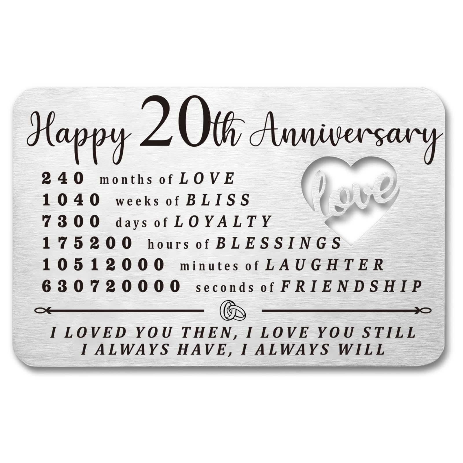 20 Year Anniversary Wallet Card: Greeting Card for Him Her - Modern Love Theme - Stainless Steel Material - Perfect for Couples - Happy 20th Wedding Anniversary Present