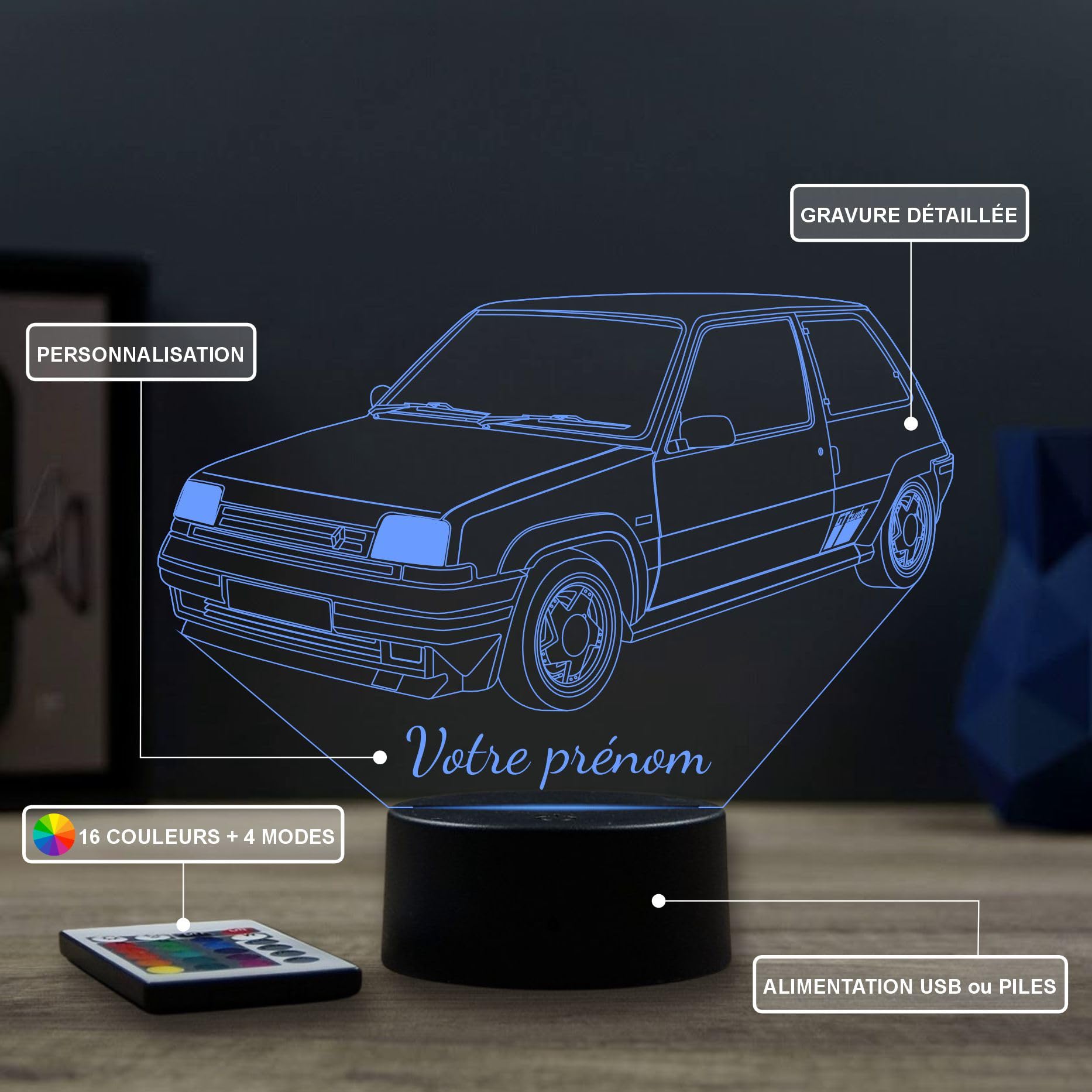 Lampe LED 3D Renault Super 5 GT Turbo Personnalisée Prénom – Veilleuse 16 Couleurs + Télécommande – Cadeau Passion Voiture Ancienne & Youngtimer – Fabrication Française Artisanale