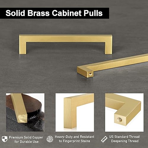 Miniatura 2 de QOGRISUN Paquete de 2 tiradores de gabinete de latón macizo, manijas cuadradas doradas, accesorios de cocina centrales de 11-14 pulgadas para
