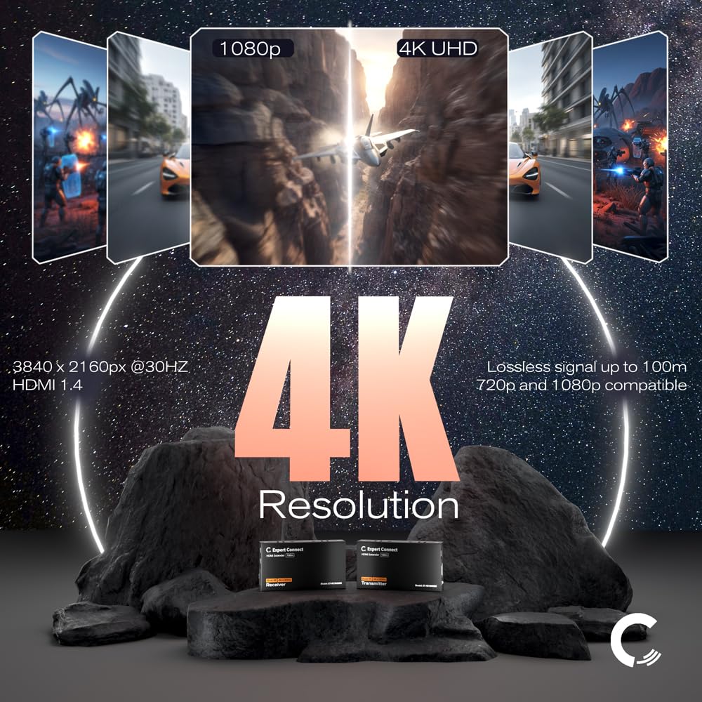 ET4K100MIR 4K@30Hz HDMI 1.4 Extender Over Cat5e/Cat6/Cat7 – 330 ft (100 m), HDCP 1.4, with Dual IR Pass-Through, HDMI Loop-Out & Surge Protection