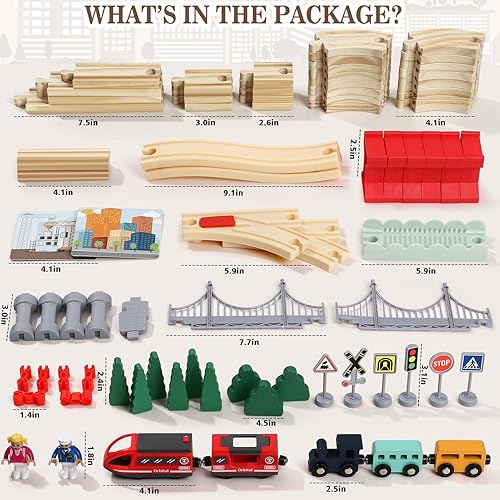 Miniatura 6 de Lonico Juego de tren de madera para niños pequeños de 3 a 5 años, 80 piezas de trenes con trenes eléctricos y vías intercambiables y viaducto, se