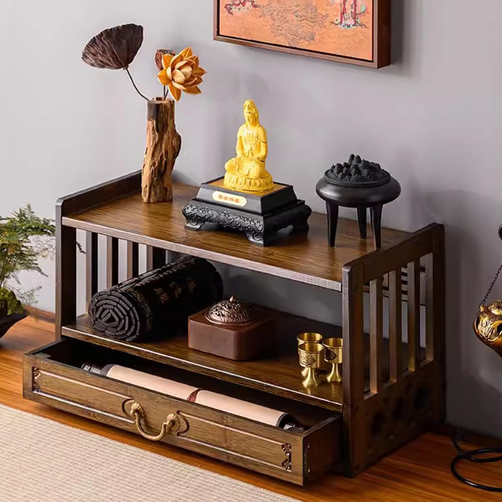 Bamboo Spiritual Altar Table with Drawer Storage, Meditation Table for Prayers, Divination, and Worship, Tea Table for Buddhist Practices