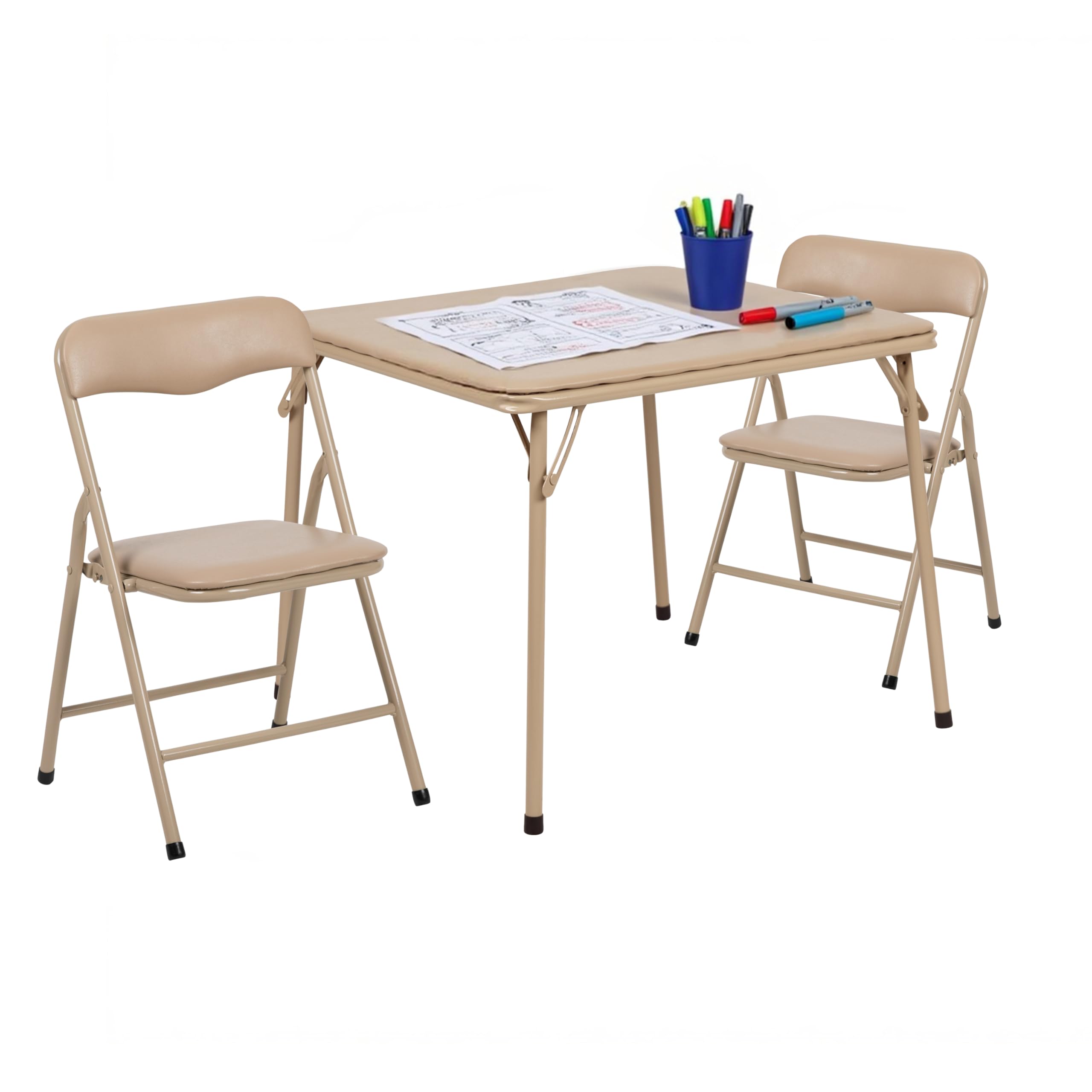 Mindy Kids 3-Piece Folding Square Table and Chairs Set for Daycare and Classrooms, Children's Activity Table and Chairs Set, Tan