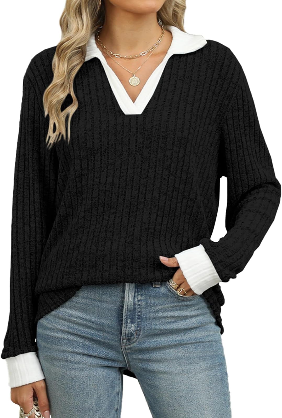 GemulateWomen's Jumpers Plus Size Ladies Jumpers for Women Long Sleeve Tops V Neck Jumper Lightweight Jumpers Sweatshirt Ribbed Tops S-XXL