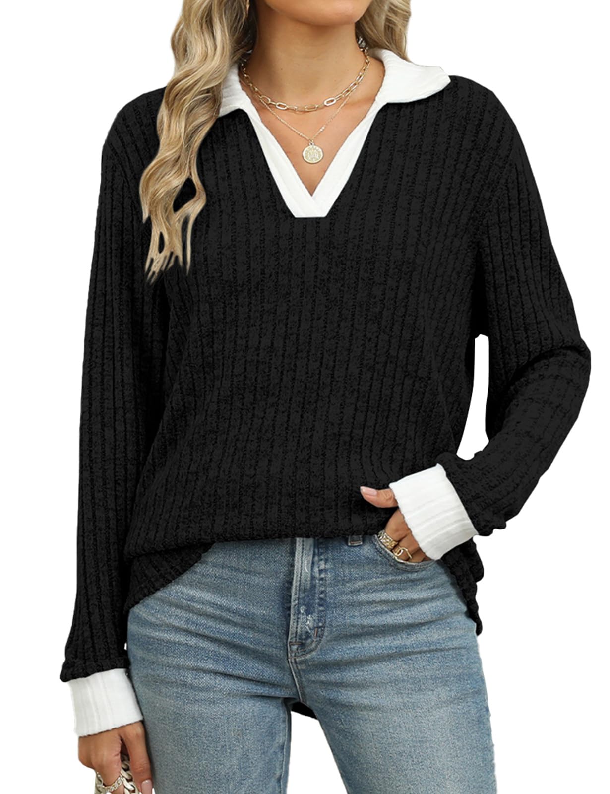 GemulateWomen's Jumpers Plus Size Ladies Jumpers for Women Long Sleeve Tops V Neck Jumper Lightweight Jumpers Sweatshirt Ribbed Tops S-XXL