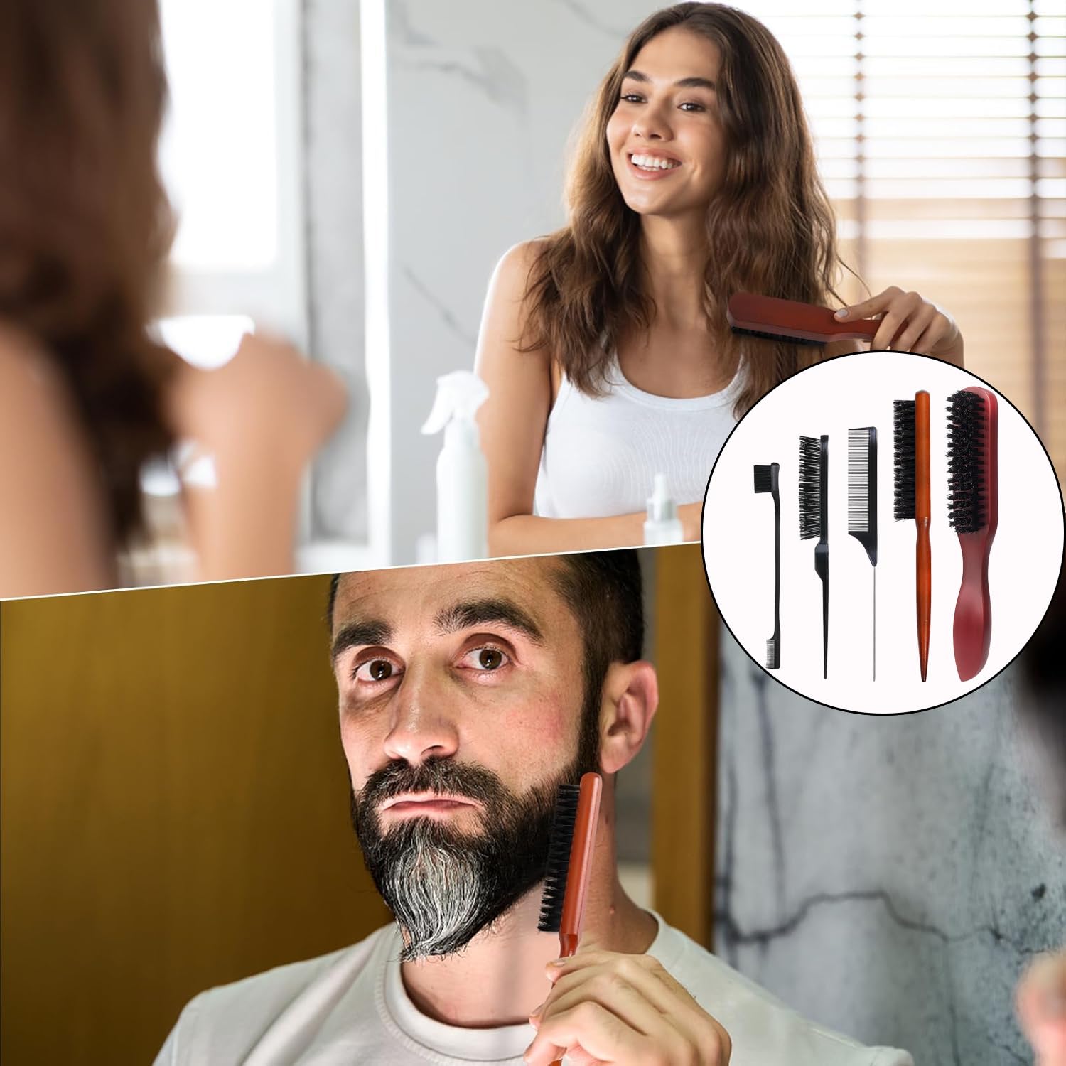 The Smooth Company's 5Pcs Slick Back Hair & Beard Brush Set - Styling and Smoothing for Men with Thin or Thick Hair - Image 4