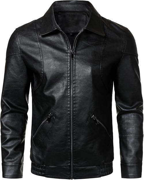 HOOD CREW Men’s Faux Leather Biker Bomber Jackets