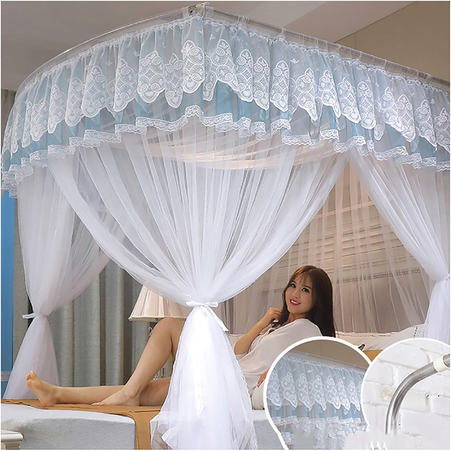 Princess Canopy for Girls 4 Corner Post Double Layer Bed Curtains Canopy with U-Shaped Bracket Bed Decoration 3 Openings Mosquito Net for King Size and Large Queen Size(Size:150×200×210cm,Co