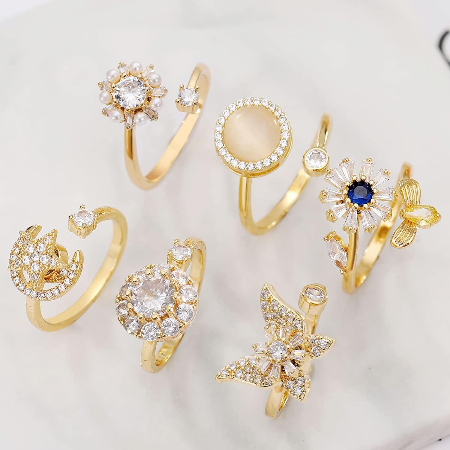 Honsny 6Pcs 14K Gold Plated Anxiety Rings for Women, Adjustable Spinner Anxiety Ring, CZ Butterfly Bee Moon Star Fidget Rings for Anxiety Stress Relief for Women - Image 6