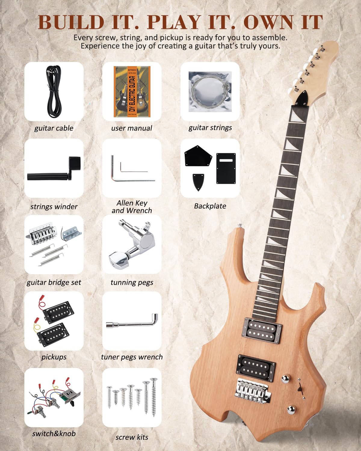 STRICH SFR-D30 Kit de guitare électrique à monter soi-même, corps supérieur flammé brut, configuration de micro HH