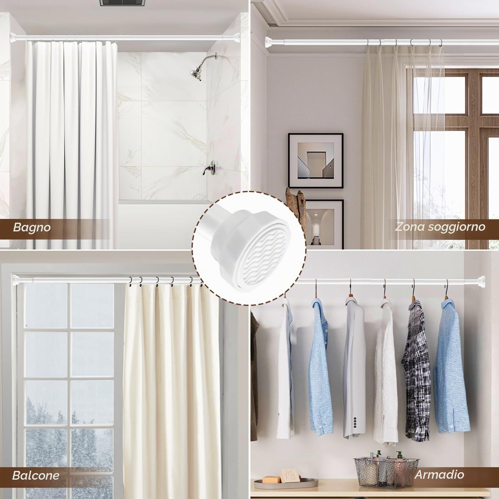 Bastone per Tenda Estensibile Bianco 76-256cm, Ø25mm Asta Telescopica Senza Foratura, Asta per Tenda Doccia per Bagno, Armadio e Balcone