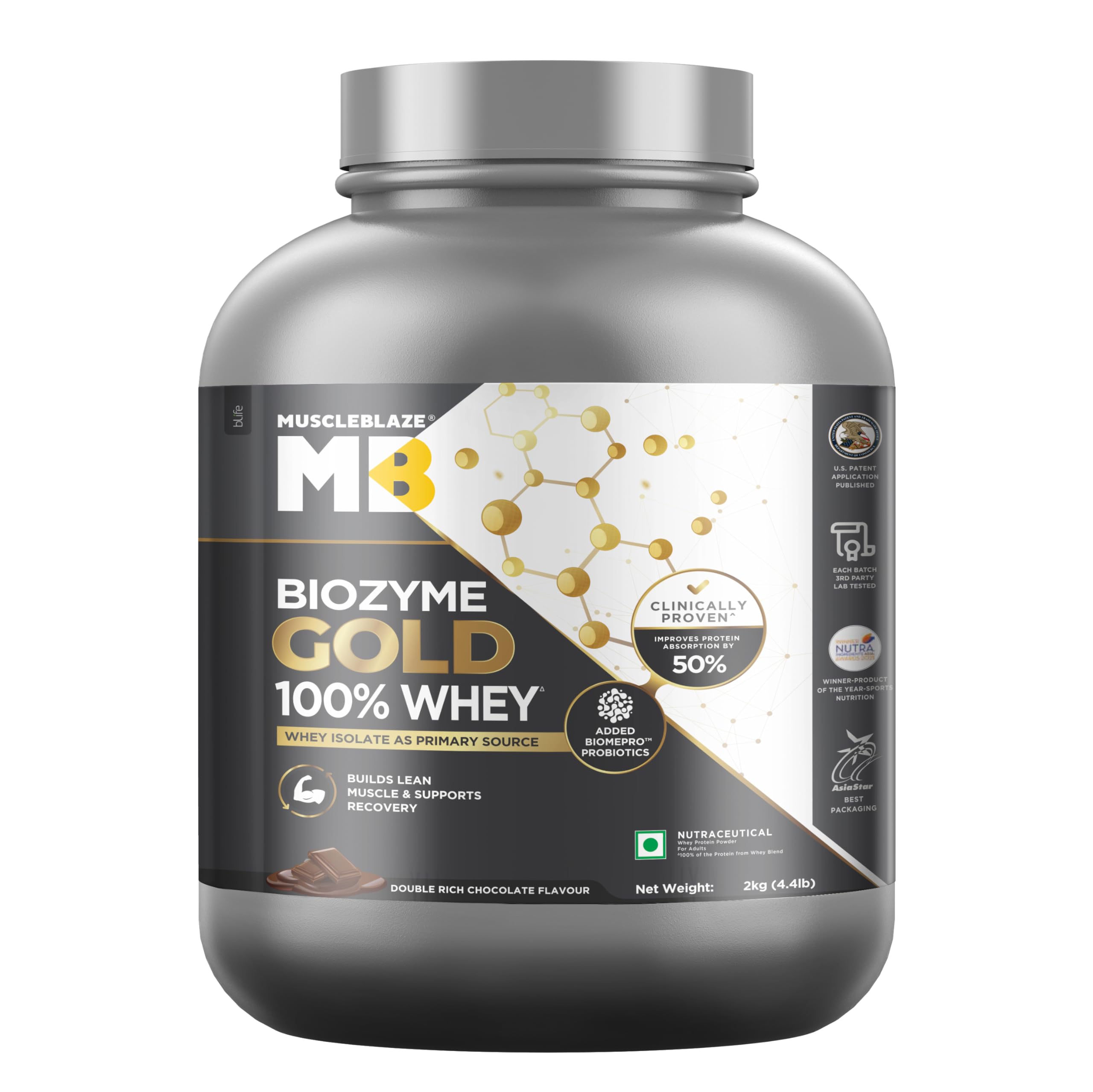 MuscleBlaze Biozyme Gold 100% Whey Protein Powder, 2kg (4.4lbs)