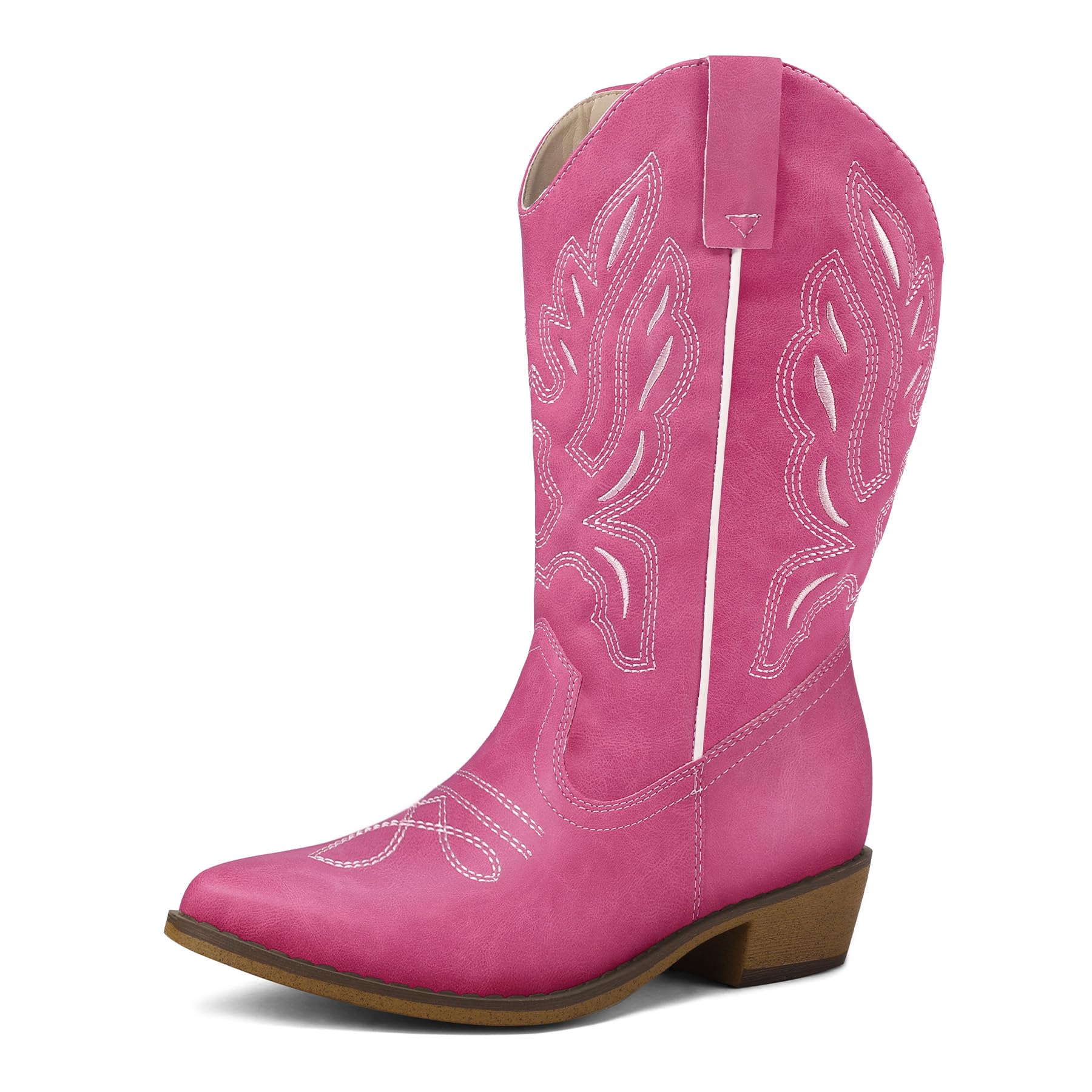 mysoft Womens Wide Calf Cowboy Boots Pull-On Mid-Calf Embroidered Pointed Toe Retro Western Boots