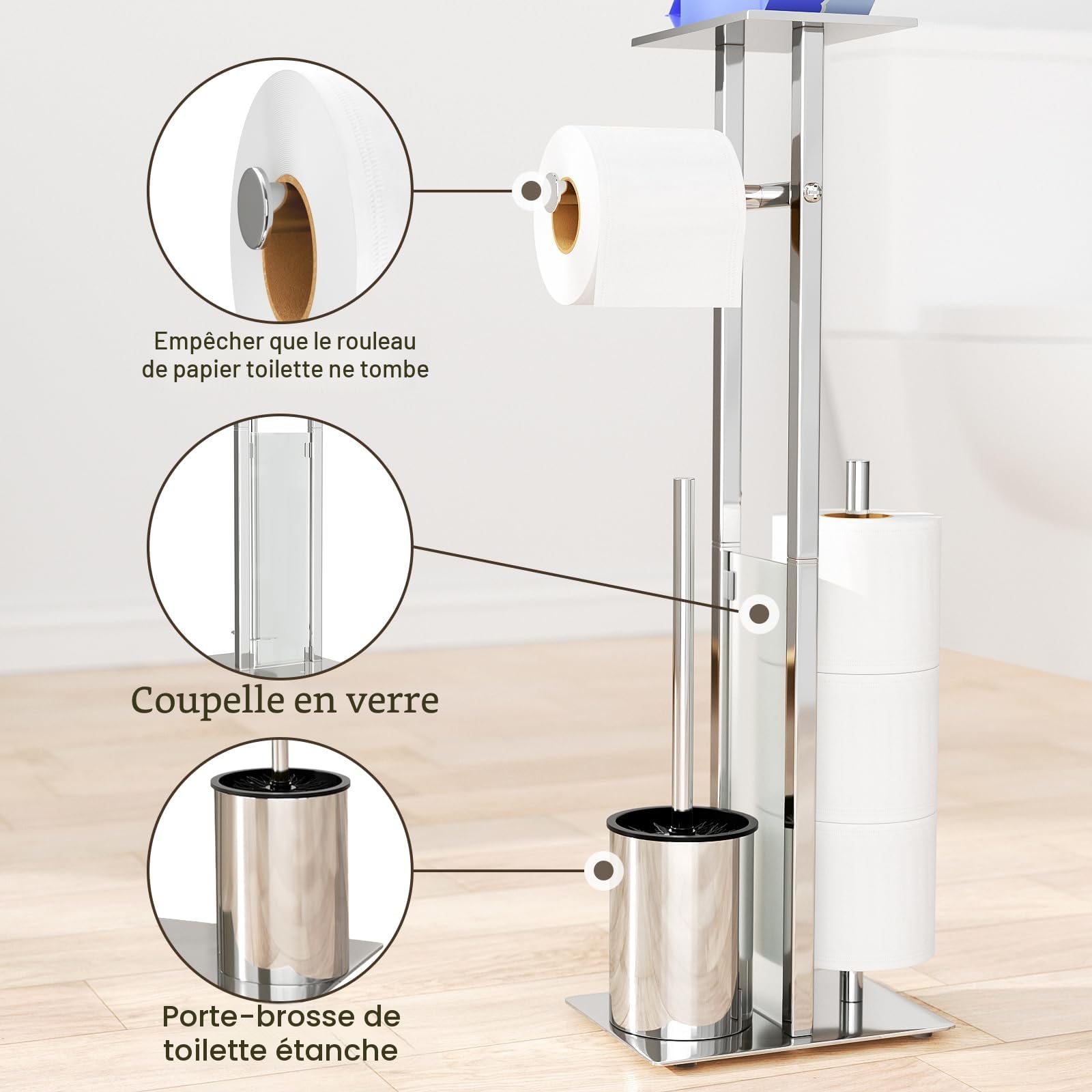 Porte-papier en acier inoxydable avec brosse de toilettes et étagère en verre argent