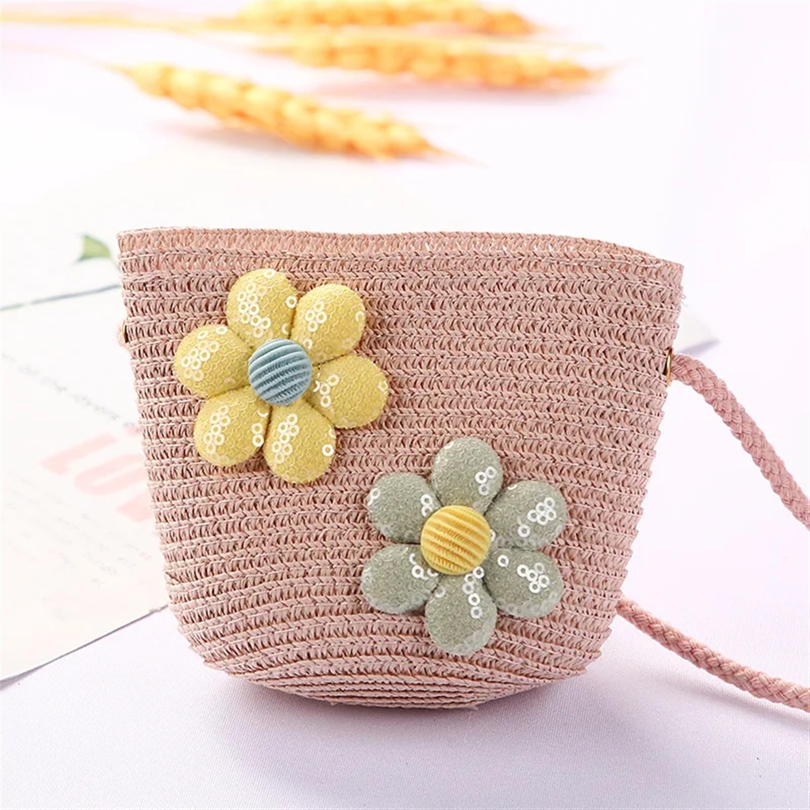 DVMSIEF Straw Bag Cute Children Straw Shoulder Bags Flower Baby Girls Small Bucket Crossbody Bag Boys Kids Mini Coin Purse Beach Handbags(FlowerA pink)