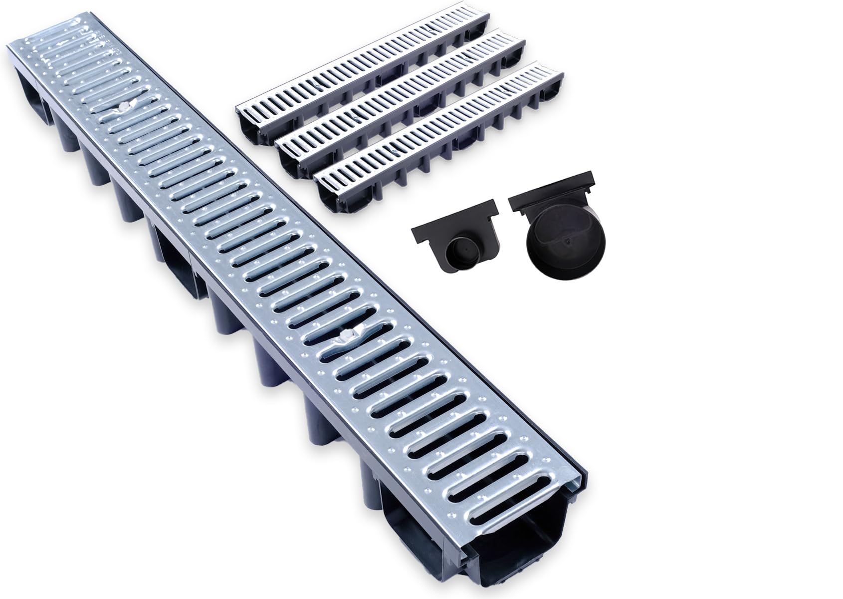 Entwässerungsrinne Set - 98 mm Ablaufrinne aus verzinktem Stahl, PKW-befahrbar, für Garten, Hof & Terrasse, inkl. 2 Ablaufstutzen (DN 110, DN 50) (3 m)