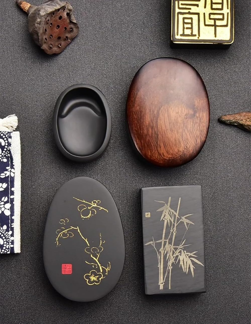硯 墨池 天然原石 すずり 硯石 蓋付き 書道 本石 文鎮 文房四宝 書道用具 学用品 文房具 書写 習字 写経 手のひらサイズ 固