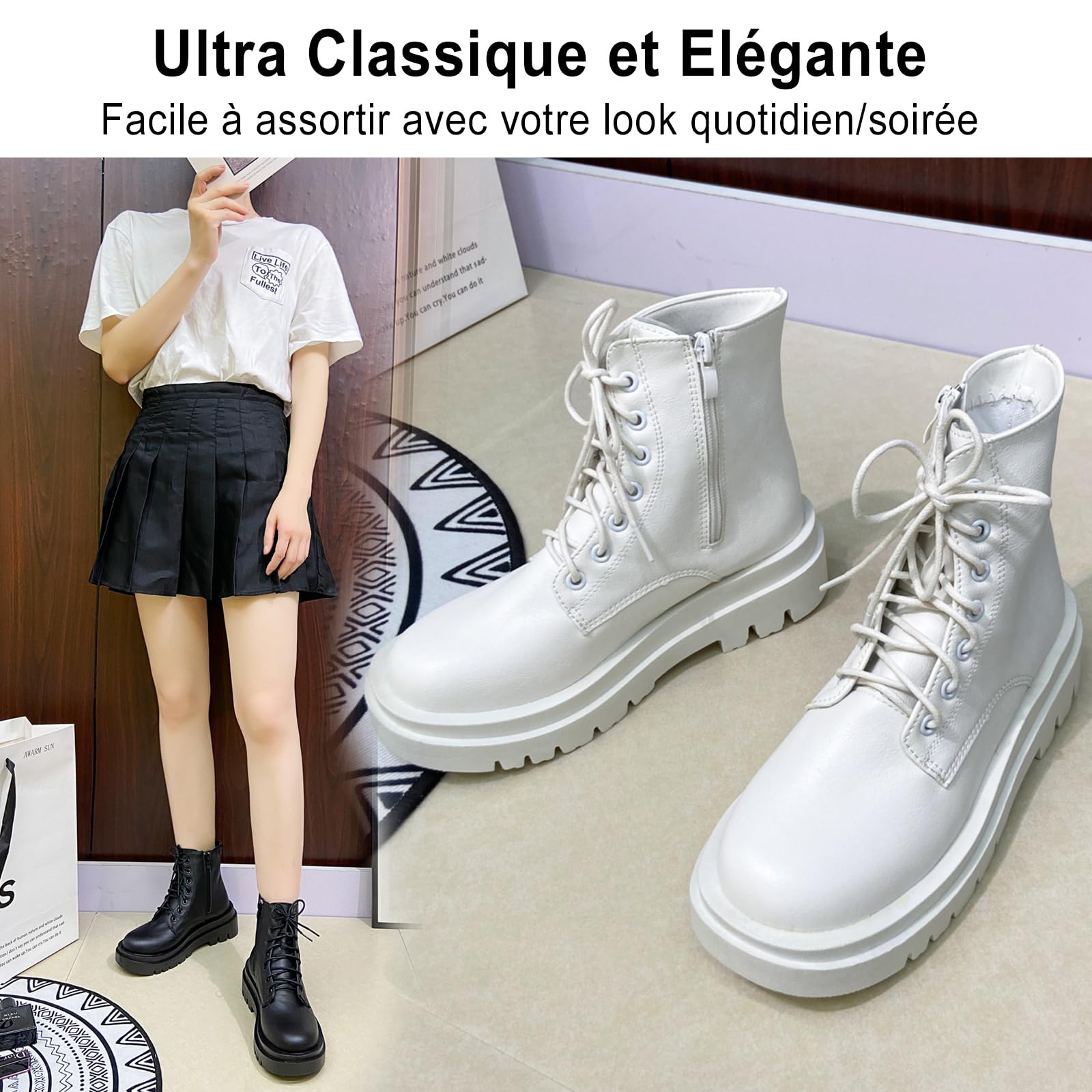 Bottines Militaire Femme Hiver Lacet Talon Carré Boots Ranger Chaussures