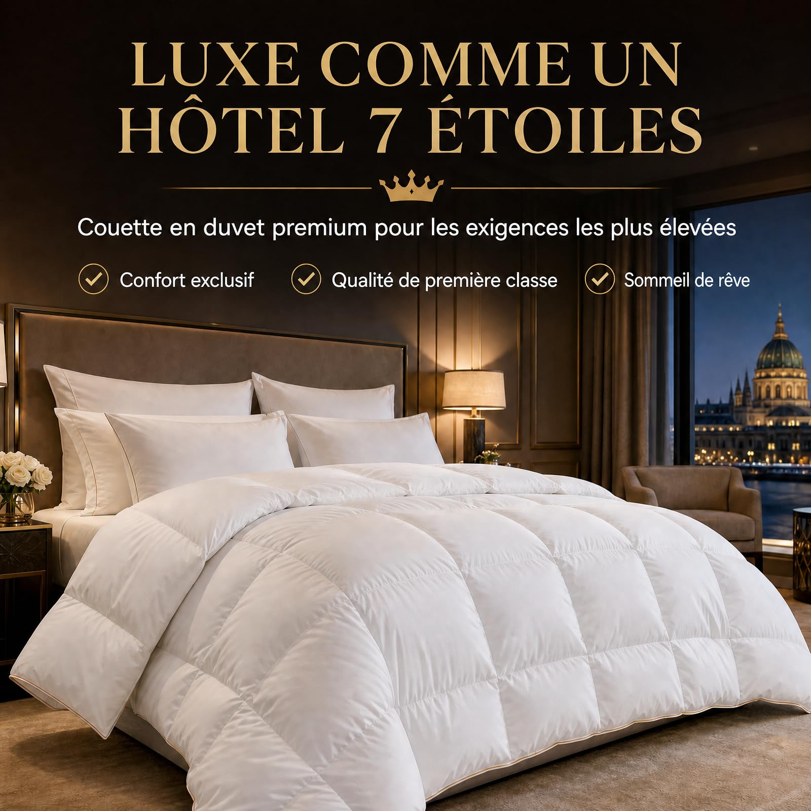 Couette 155x220 4 Saisons | pour lit 2 Personnes | Couette Plumes & Duvet d'oie | 100% Coton | Édredon Ultra Douce et Gonflant | Certifiée Oeko-Tex | Lavable en Machine,Blanc