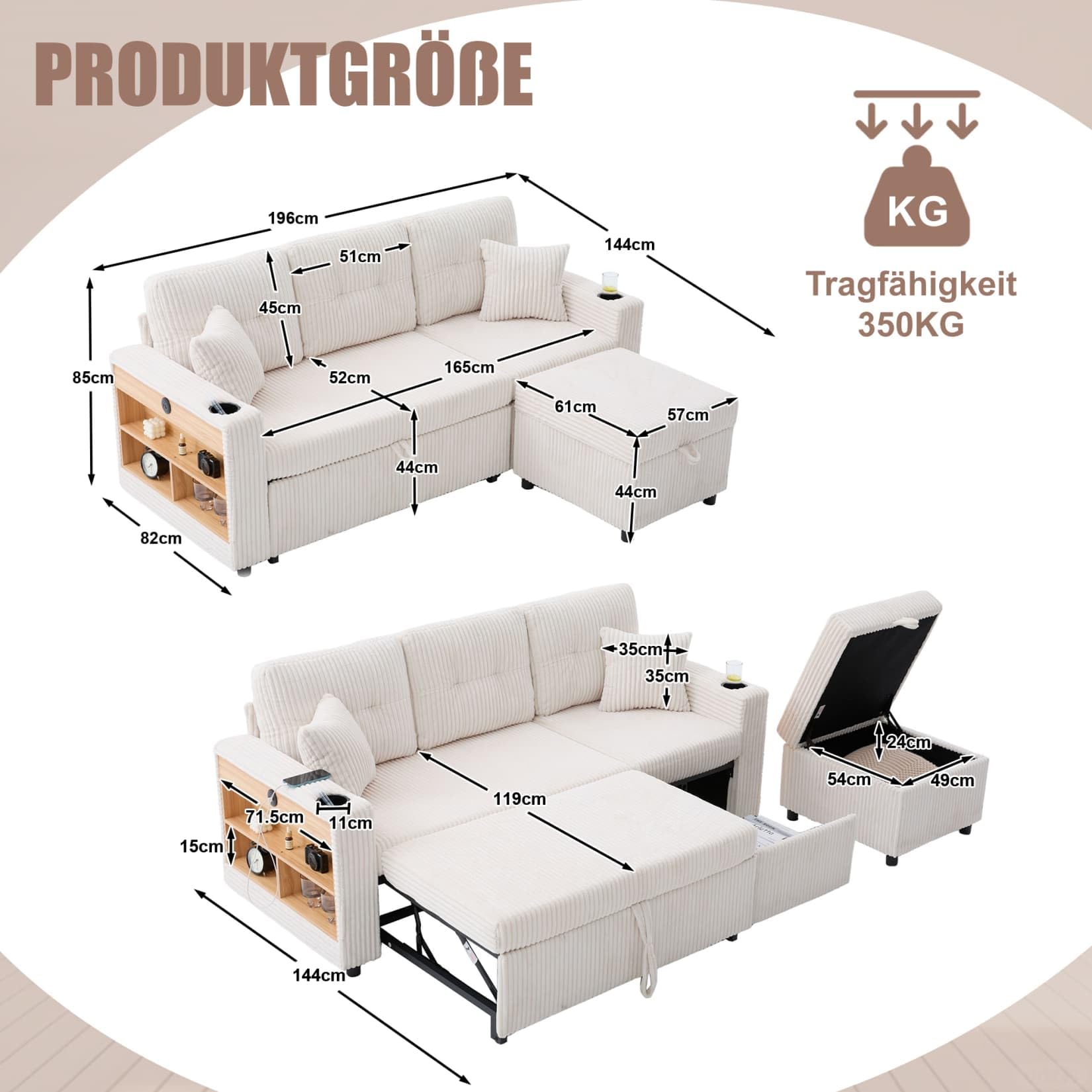 Canapé 3 Places Convertible en Velours Côtelé,Canapé d'angle Modulable,avec Espace de Rangement,Port USB Type-C,éclairage LED et Porte-gobelets,Design Pliant (Beige)