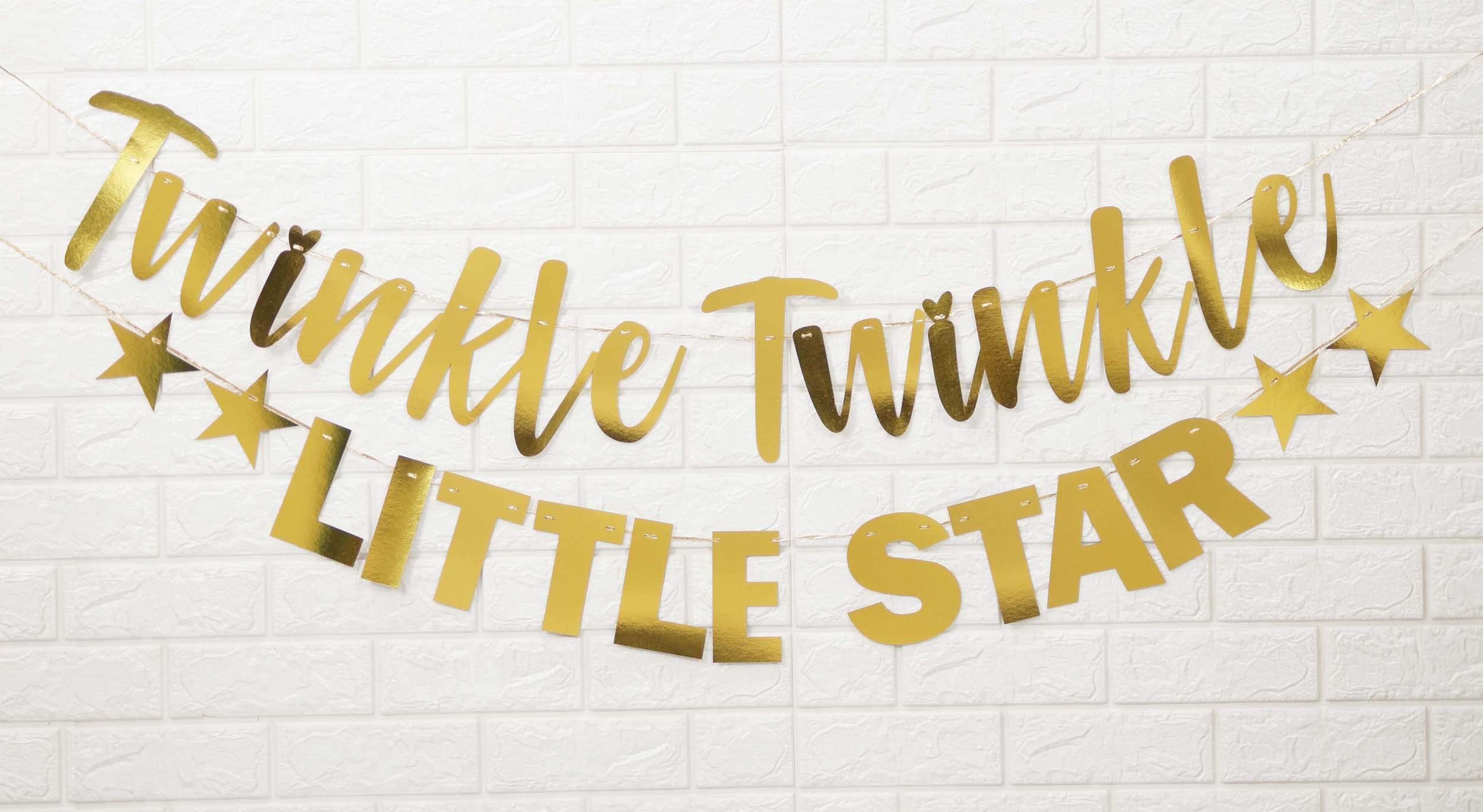 Inkdotpot Twinkle Twinkle Little Star Pre-Assembled Cursive Bunting Flags Metallic Gold Baby Shower Decor Gender Reveal Bunting Banner