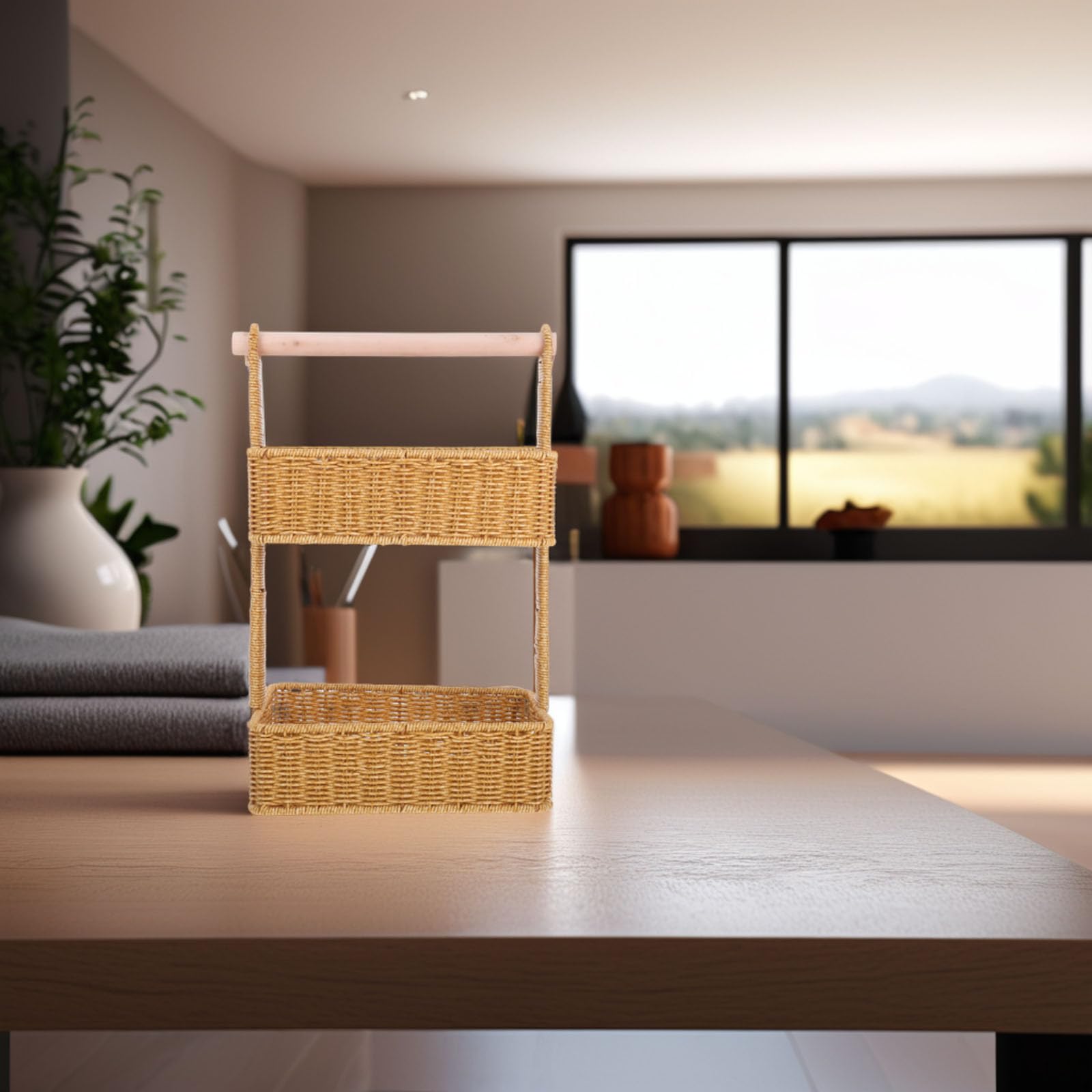 COHEALI Panier de Rangement Suspendu Tissé Main, Panier Décoratif à 2 Niveaux, Marron, Fer Bois Plastique, pour Snacks, Salle de Bain et Chambre