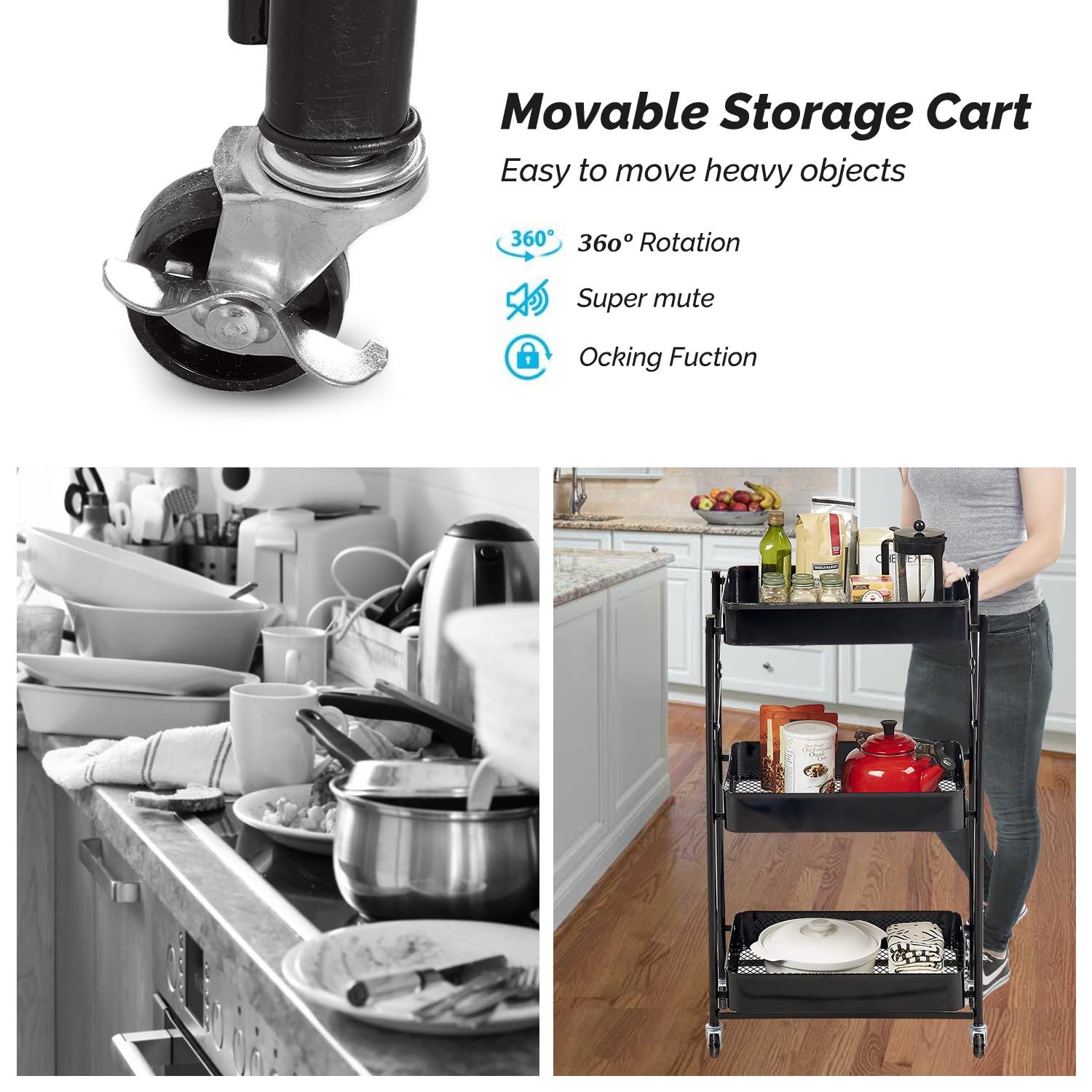 Smart Saver Foldable 3 Tier Metal Utility Rolling Cart, Folding Mobile Multi-Function Trolley Organizer for Home Library Office,Living Room Snacks Fruit and Vegetable Storage Rack(Black) 4