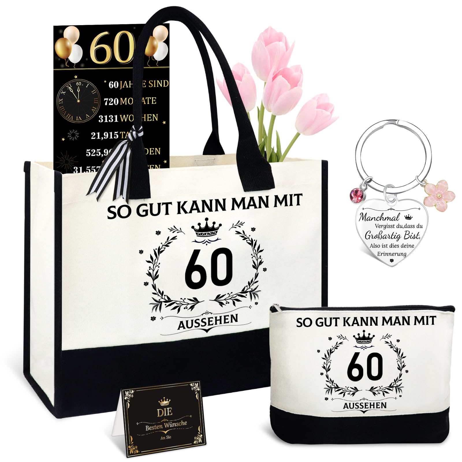 Shining She 60 Geburtstag Frau, 5tlg. Vintage 1966 Geschenkideen Set | Geschenk zum 60 Geburtstag Frau mit Canvas Tragetasche Kosmetiktasche Schlüsselanhänger für Mama Oma Kollegen Freundin