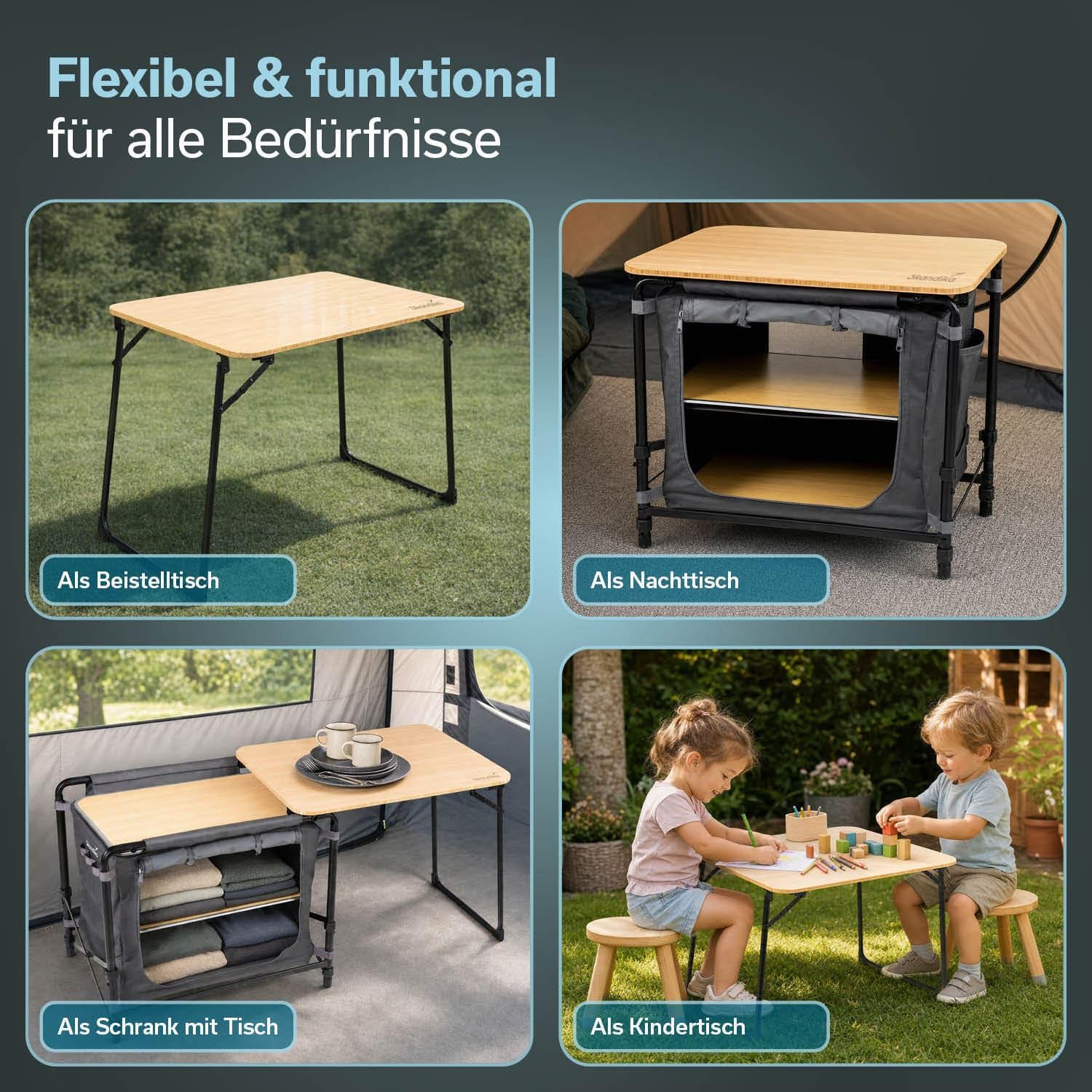 Skandika Campingschrank Skogard | 3-in-1 Design, Bambus Arbeitspatte, Outdoor Schrank faltbar, 2 Einlegeböden, Tragetasche | Klapptisch kompakt, Campingküche, Outdoor Küche, Camping Zubehör, Zelt