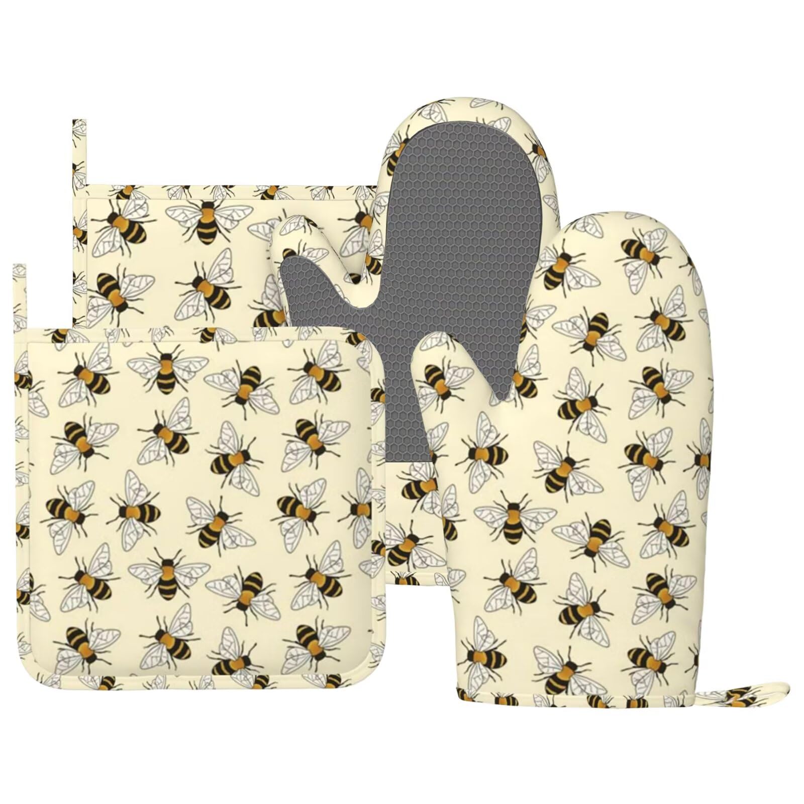 Happy Busy Bees - Juego de guantes de cocina de silicona, antideslizantes, resistentes al calor, para cocinar, asar a la parrilla, 4 manoplas de cocina