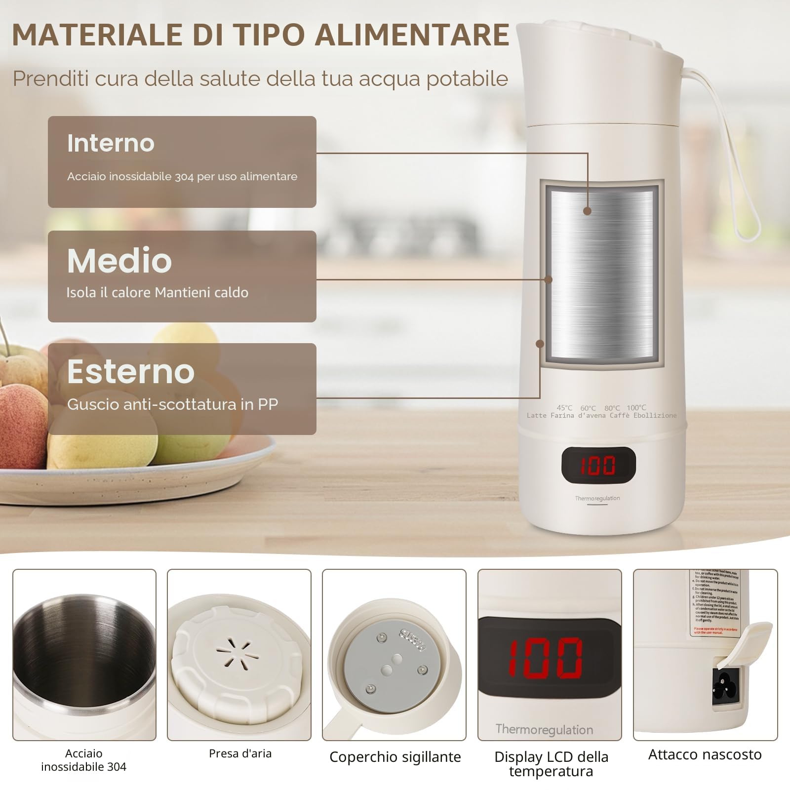Piccolo bollitore portatile da 400 ml, mini tazza elettrica, scaldabagno rapido da 300 W, regolazione della temperatura, spegnimento automatico, bollitore da viaggio per preparare il tè