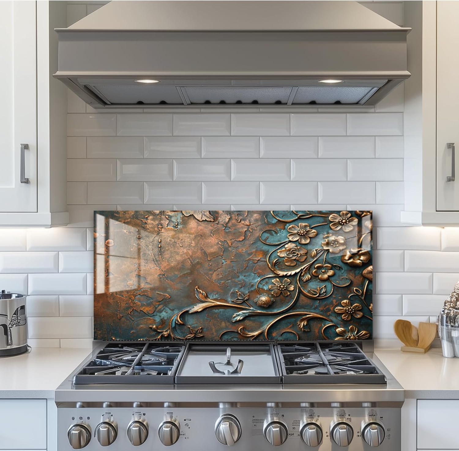 LMSDYSHU Tempered Glass Backsplash for Kitchen,Retro Plum Blossom, Grape，Mosaic leaves，Frameless, Stove Backsplash Protector for Wall,Easy to Clean, Home Decor (Retro Plum Blossom, 30"x14")