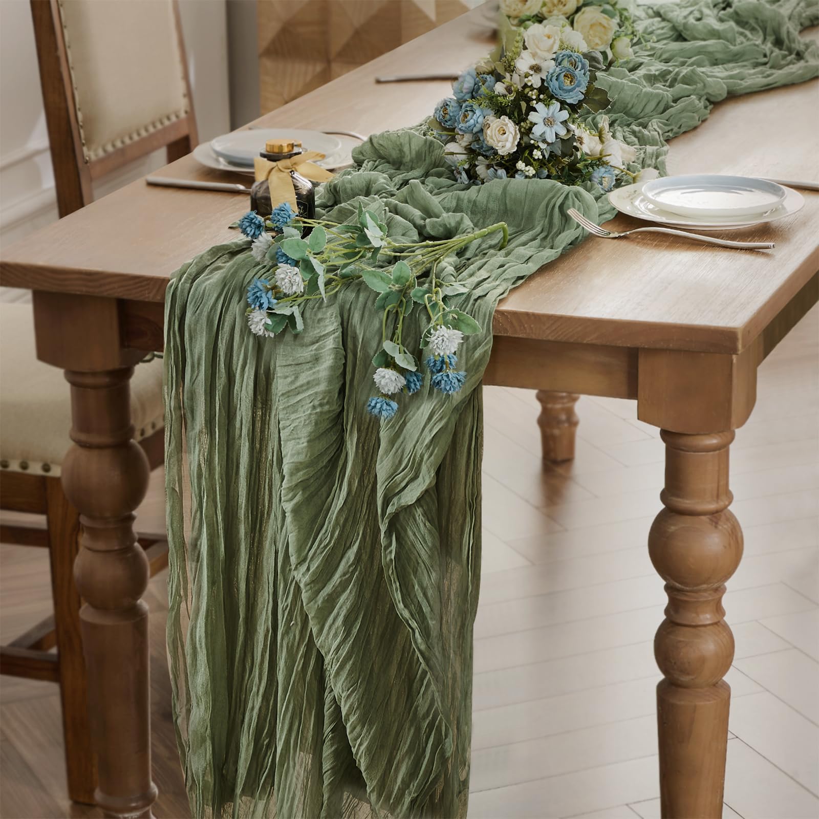Käsetuch Salbeigrün Boho Tischläufer 90 x 400 cm Seihtuch Hochzeit