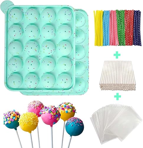 Molde de silicona sin BPA, moldes de silicona con 100 palitos para tartas + 100 bolsas de golosinas + 100 lazos giratorios en colores mixtos, ideal