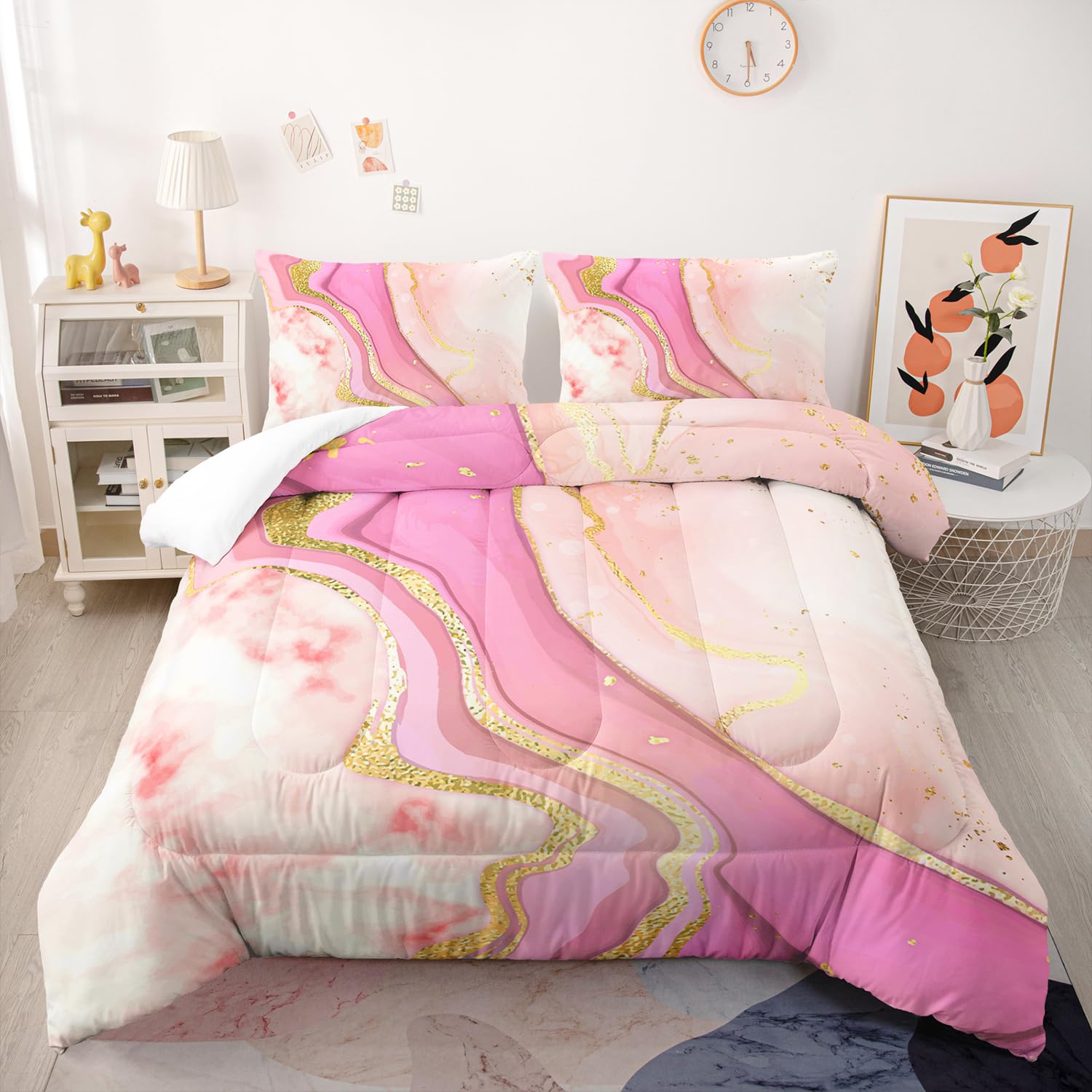 Nttopship Pink Marble Comforter Set 3 Pieces Full Size Quicksand Gold Powder Marble Bedding Set Soft Microfiber Minimalist Wind Room Decor Comforter