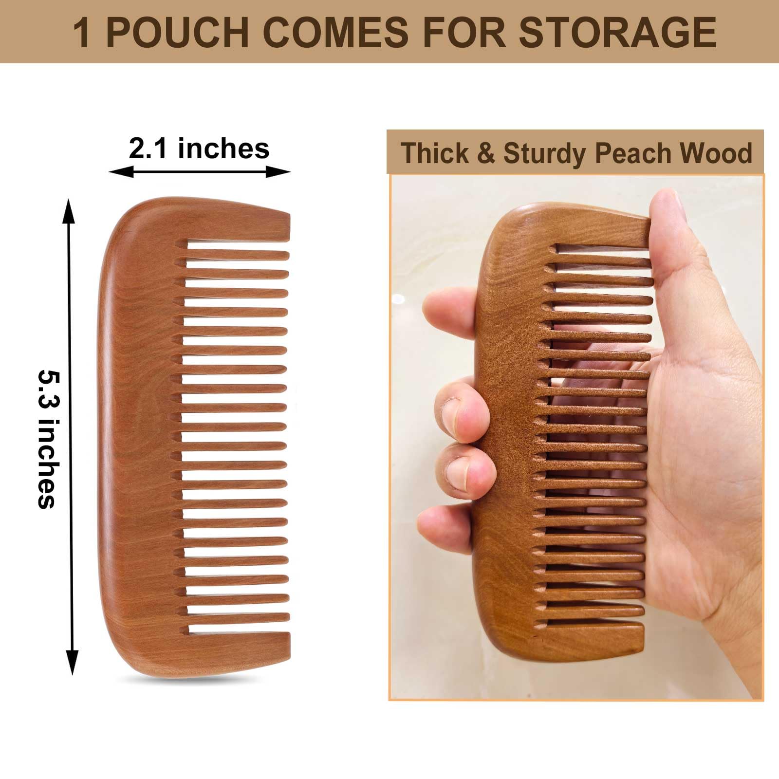 Peine de madera de dientes medianos para mujeres y hombres, madera de melocotón