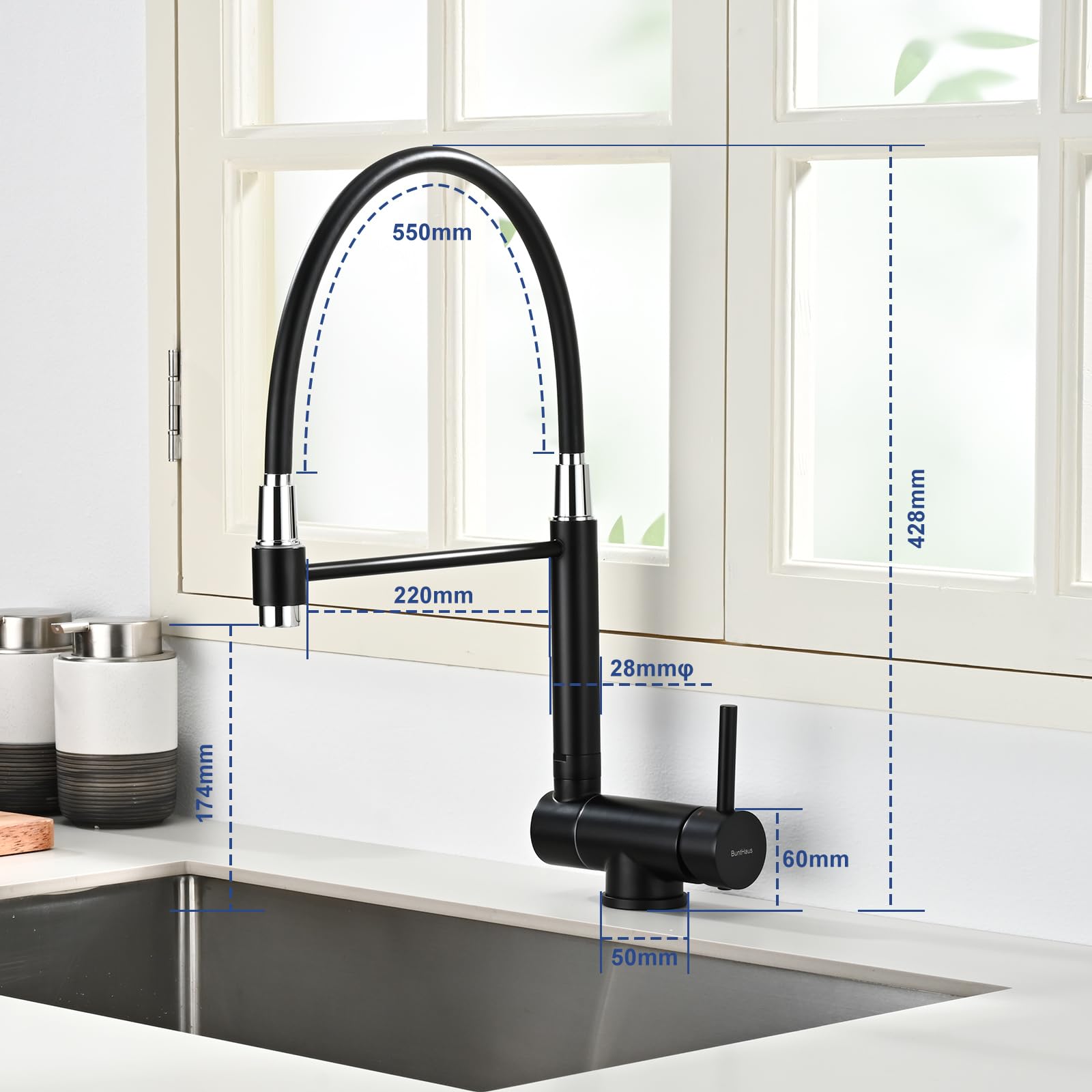 Rubinetto da Cucina Pieghevole, Miscelatore da Cucina Sottofinestra Pieghevole, Miscelatore per Lavello da Cucina Girevole a 360° in Acciaio Inox 304 (Nero Opaco)