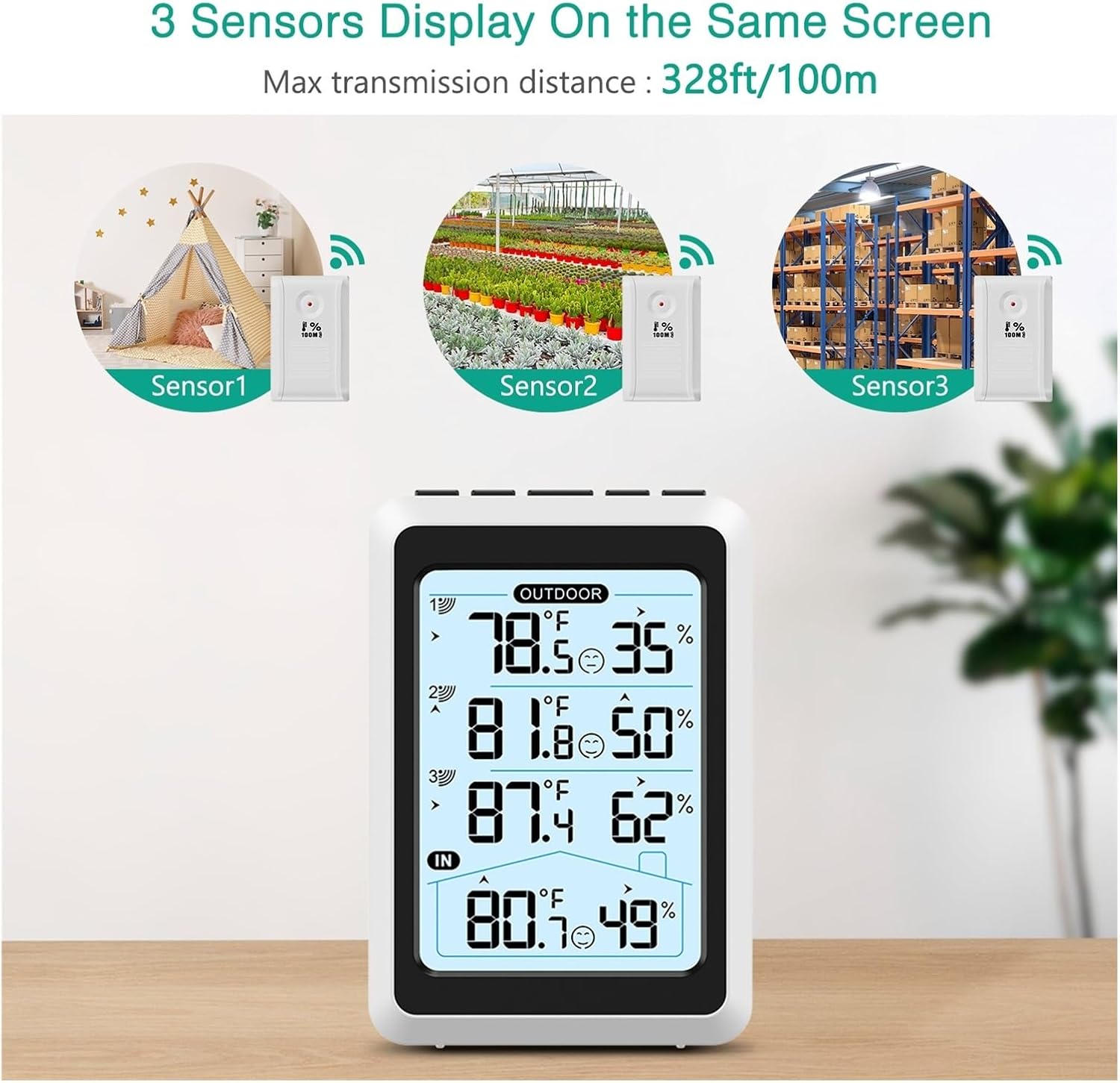 Wireless Indoor Thermometer Hygrometer with 3 Sensors - Real-Time Temperature Humidity Monitor for Home, Office, Bedroom, Greenhouse