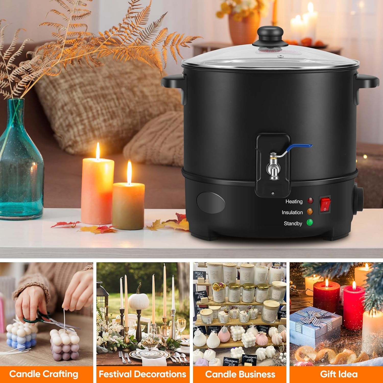 Generisch Garnek do topienia wosku do świec, 20 l, duży topiący wosk z dyszą grzewczą, regulacja temperatury 24-110 °C, powłoka zapobiegająca przywieraniu, do produkcji świec na bazie wosku sojowego i