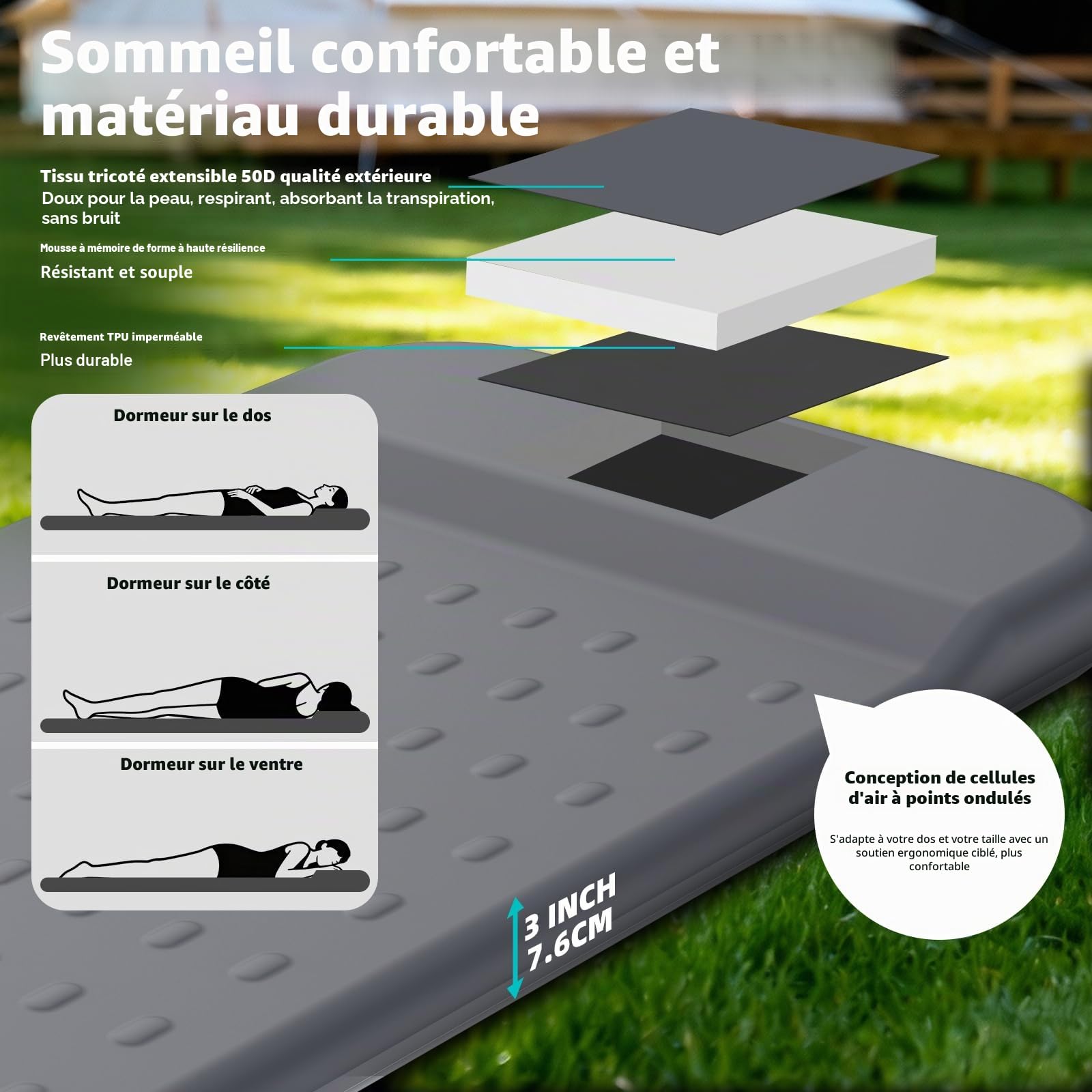 Kasimo Tapis de couchage à mémoire de forme pour camping, 7,6 cm, compact en mousse ultra épaisse avec oreiller, matelas de camping isotherme de 9,5 R ou voiture, voyage, tente de randonnée, maison