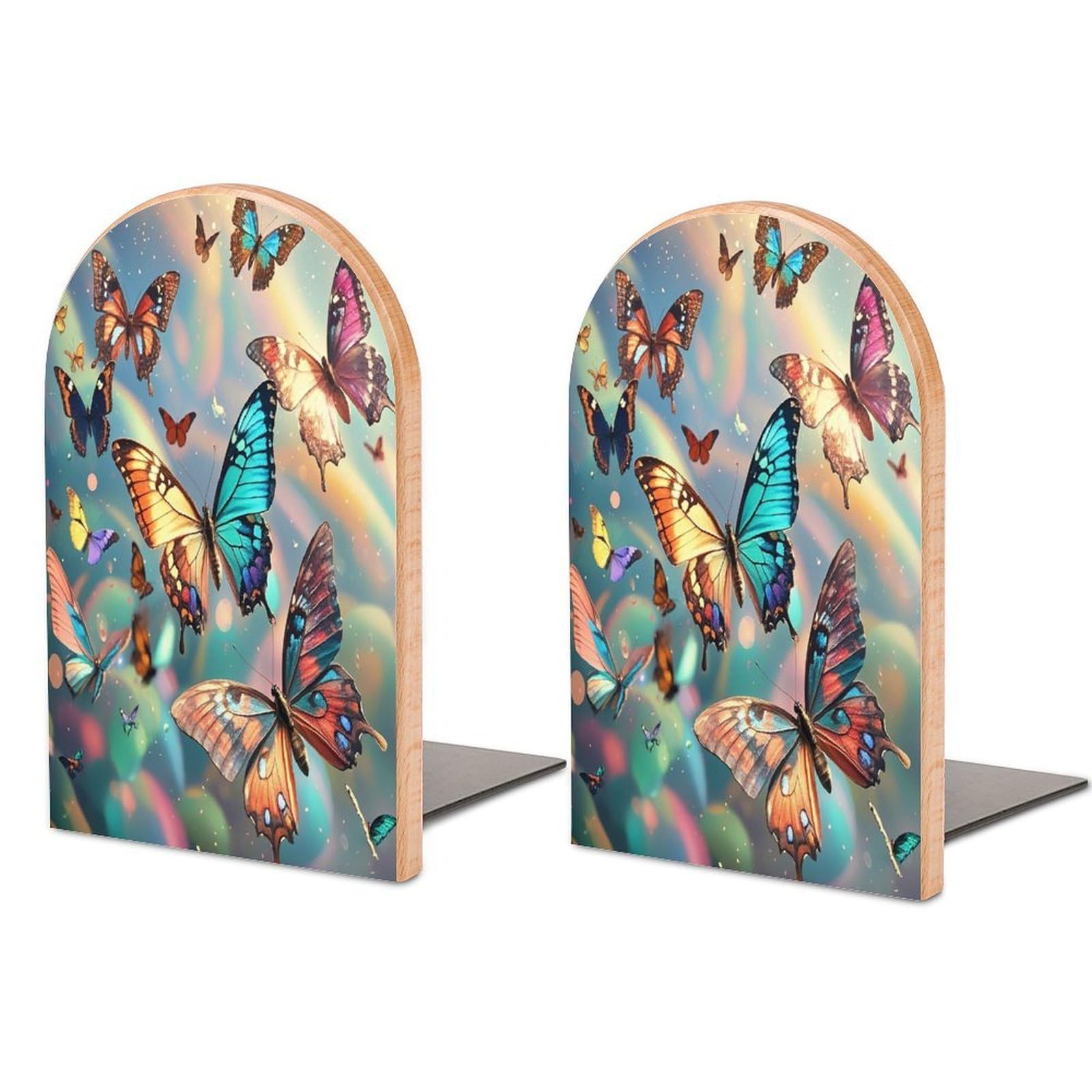 Color Butterfly Background Bookend for Shelves Unique Book End Sturdy Books Holder Heavy Duty Wooden Bookends Support Non-Slip Book Organizers Decorative Modern Bookend Holder for Home
